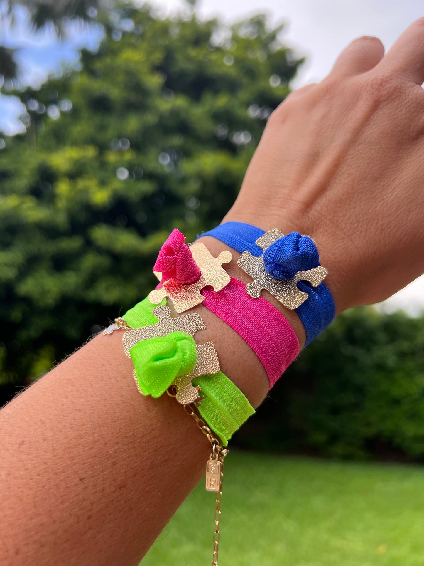 Gold Puzzle Charm with Colorful Elastic Bracelet