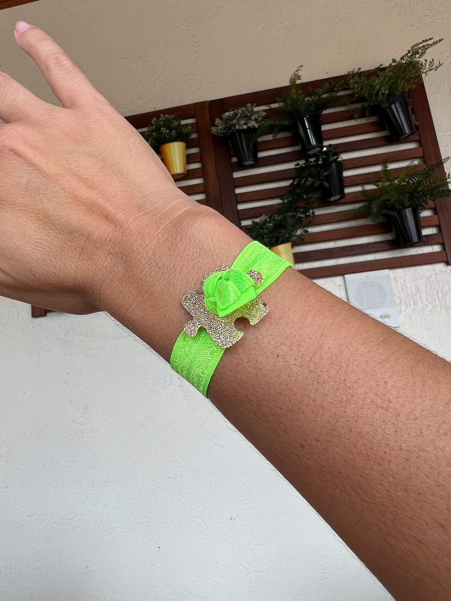 Gold Puzzle Charm with Colorful Elastic Bracelet