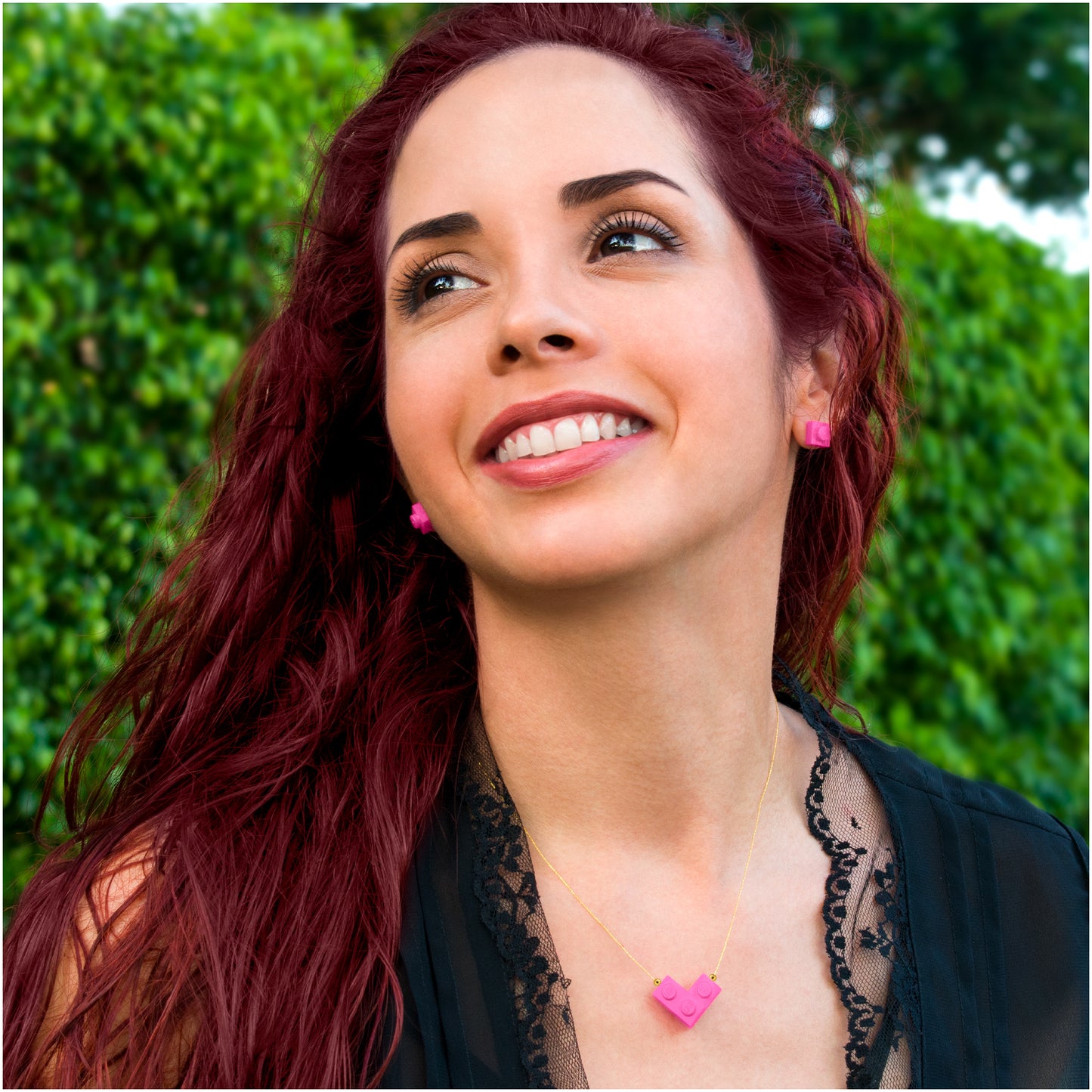 Pink Bricking Heart Choker with 16’ Golden String