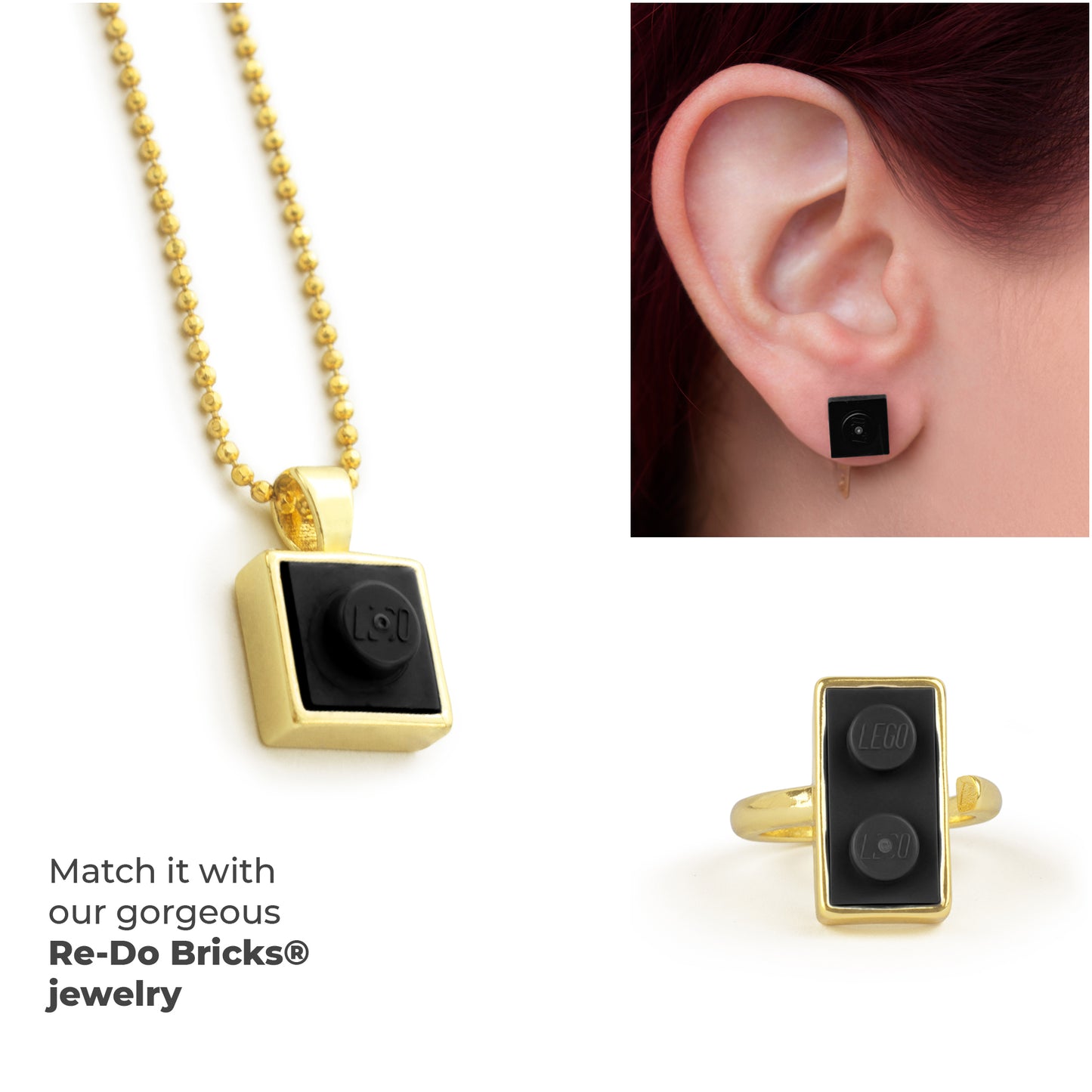 Square Black Brick Charm with Gold Plated Chain Black