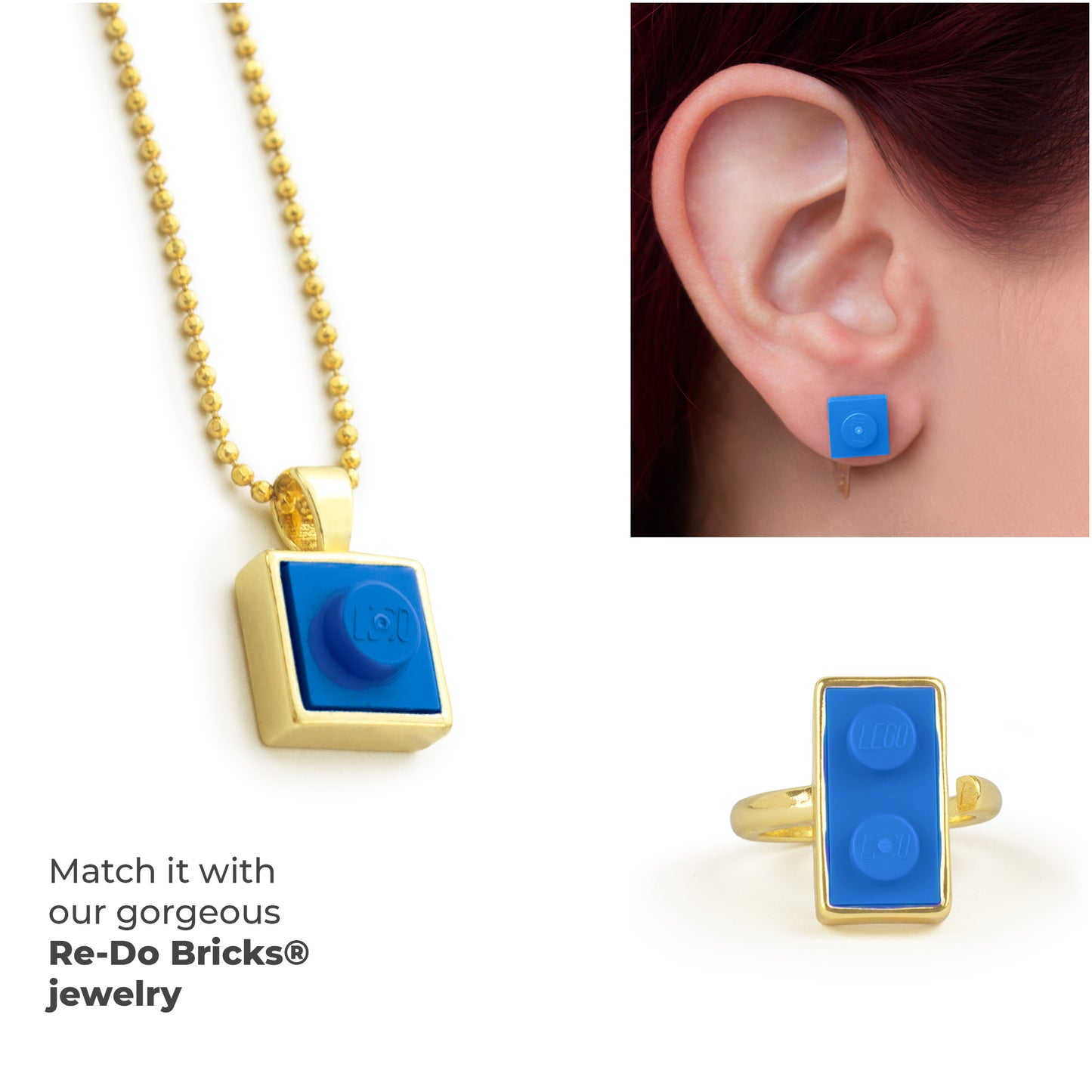 Square Blue Brick Charm with Gold Plated Chain