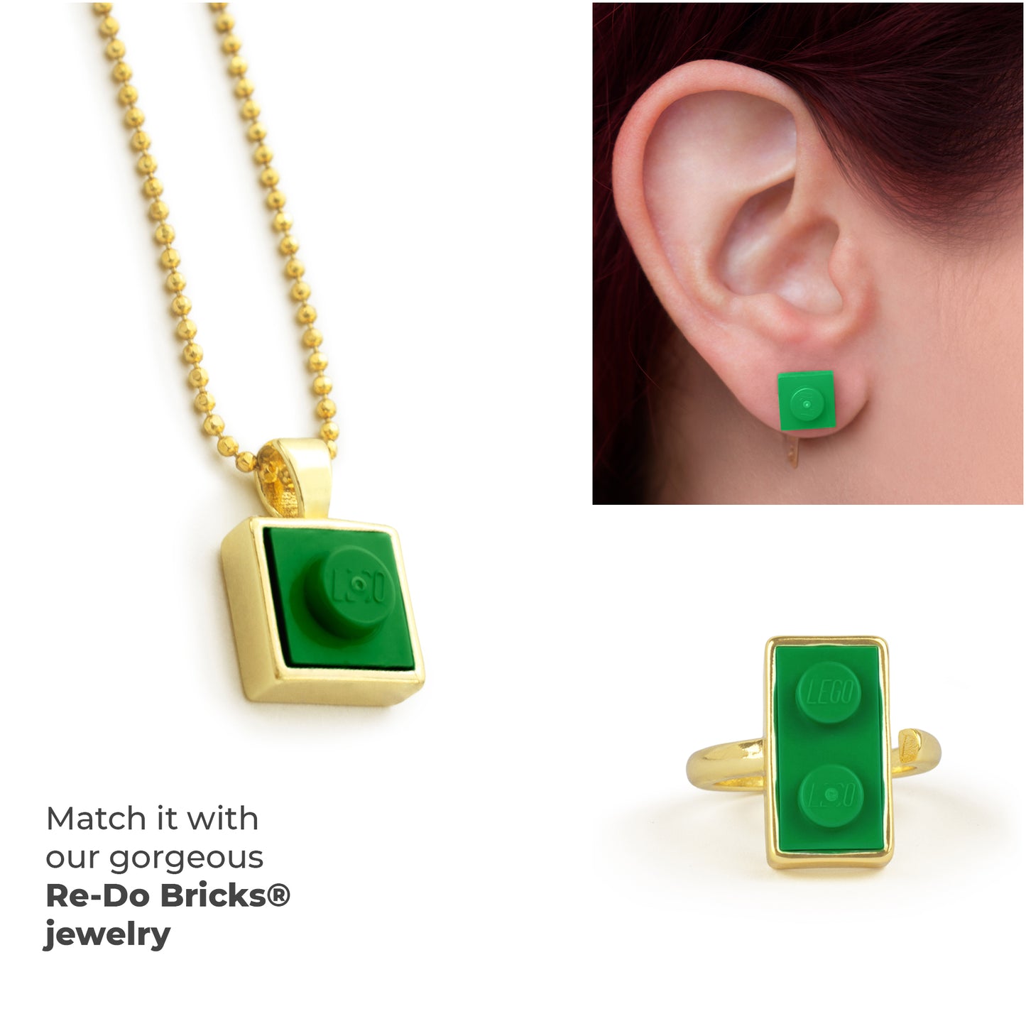 Square Green Brick Charm with Gold Plated Chain