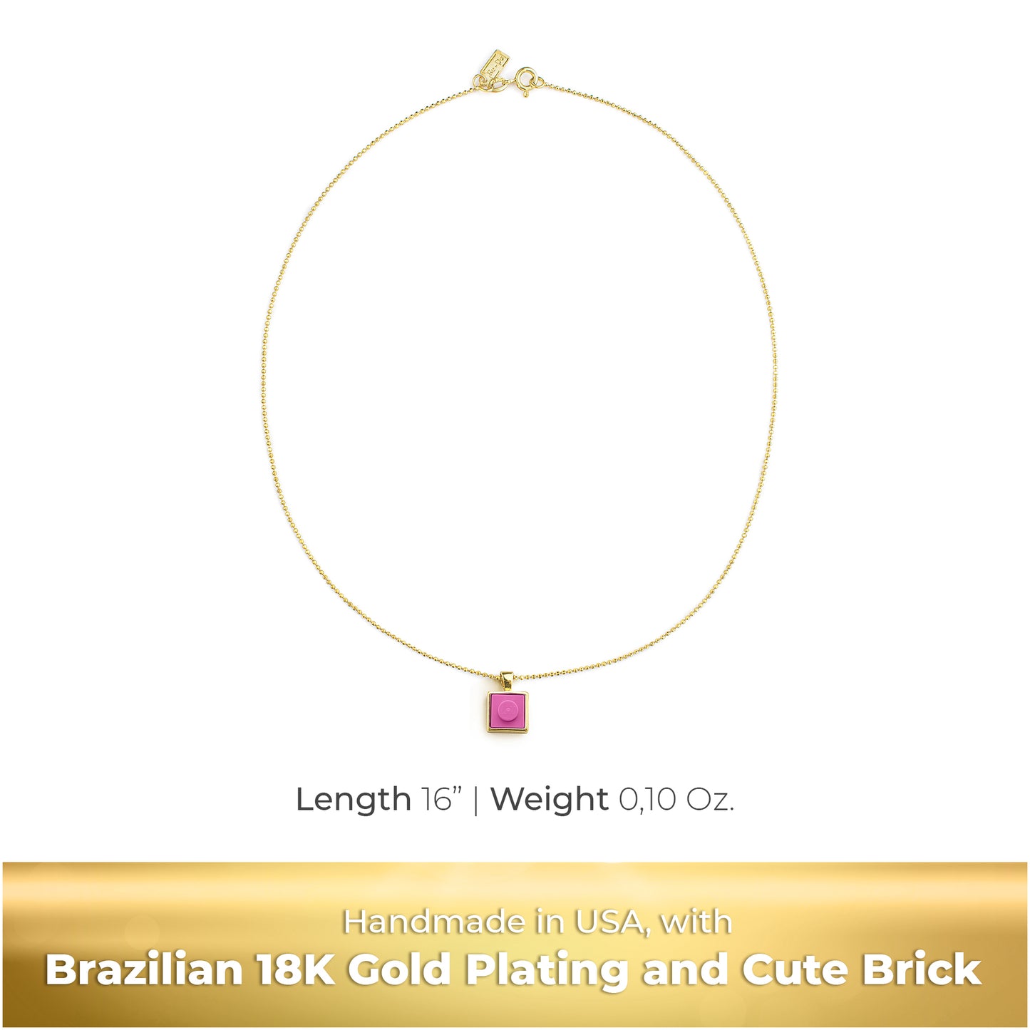 Square Pink Brick Charm with Gold Plated Chain