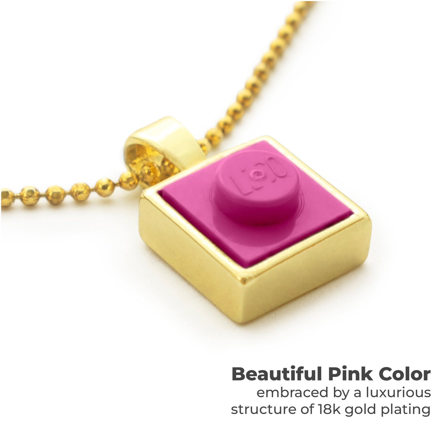 Square Pink Brick Charm with Gold Plated Chain