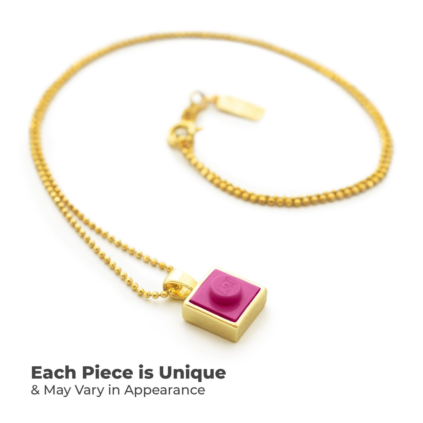Square Pink Brick Charm with Gold Plated Chain