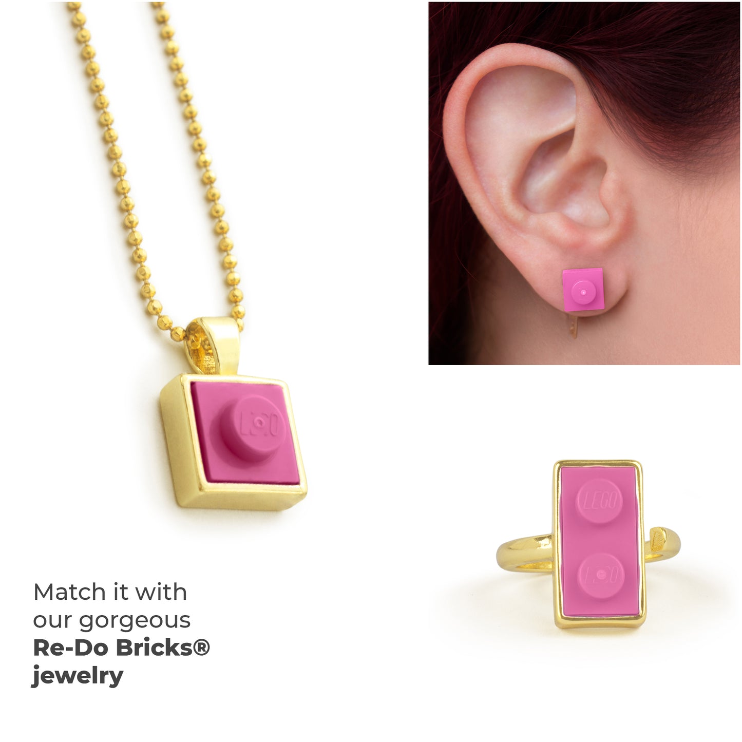 Square Pink Brick Charm with Gold Plated Chain