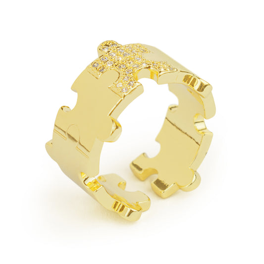 Gold Platted Puzzle Shapes Ring, Autism Awareness