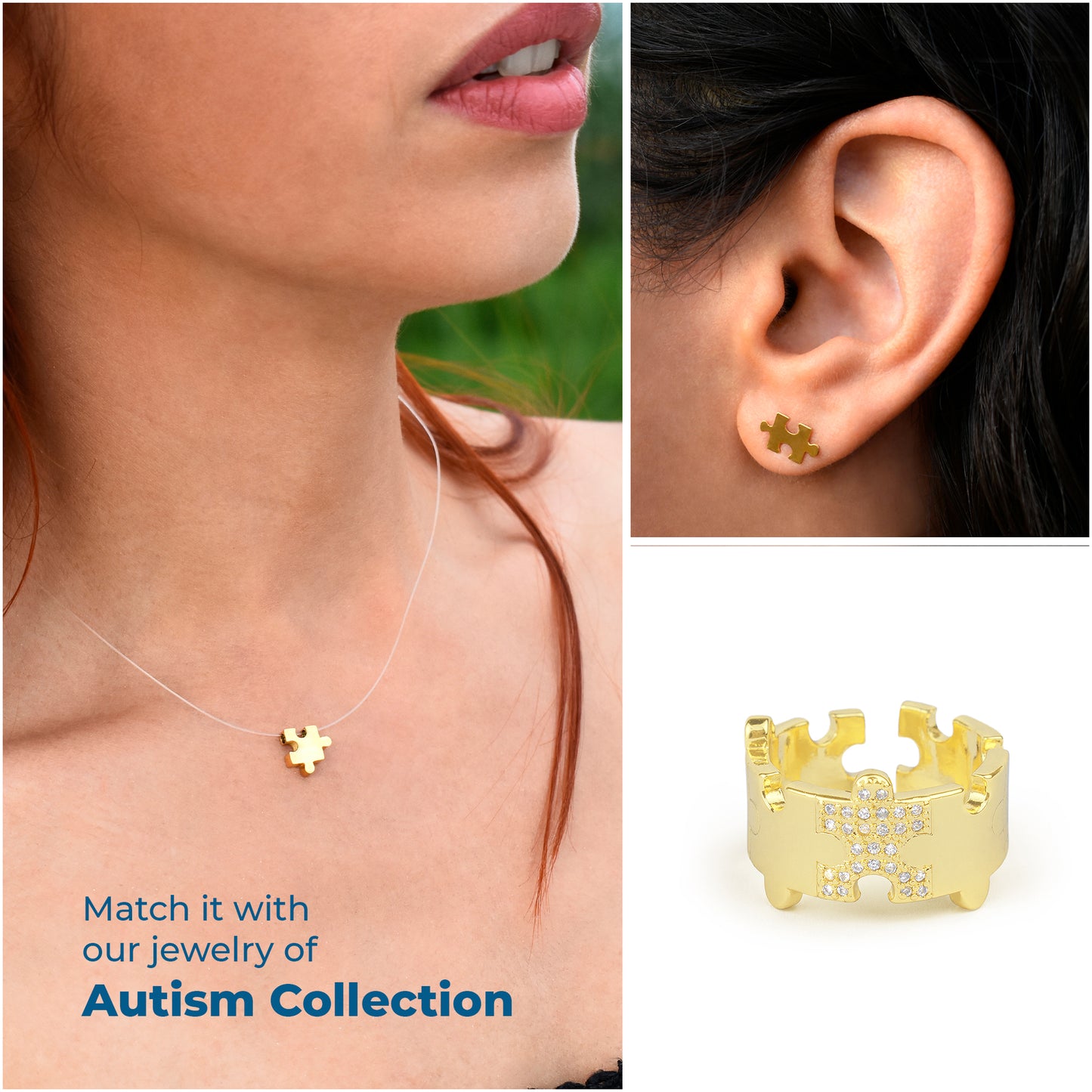 Gold Platted Puzzle Shapes Ring, Autism Awareness