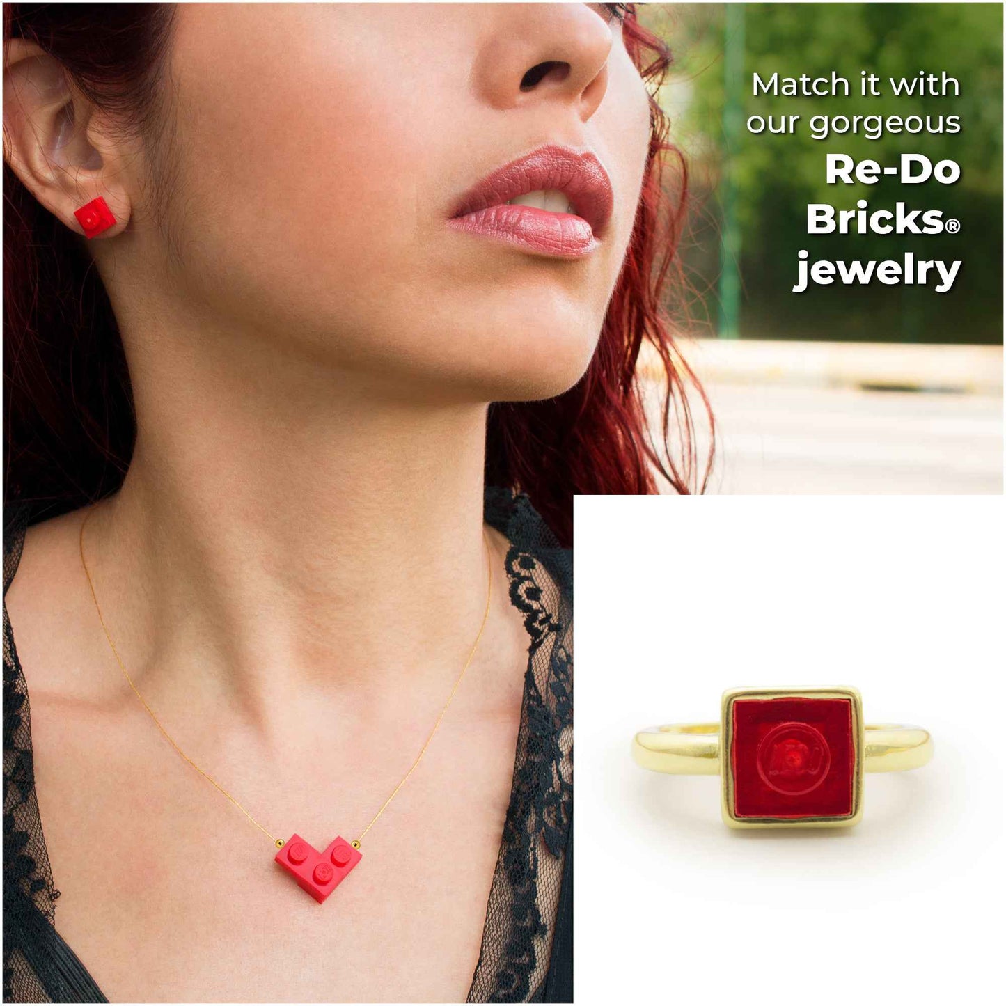 Golden Hug Square Trans-Red Brick Gold-Plated Ring