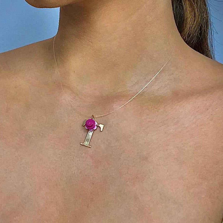 Initial Letter Flower Brick Collection Nylon Necklace 16'