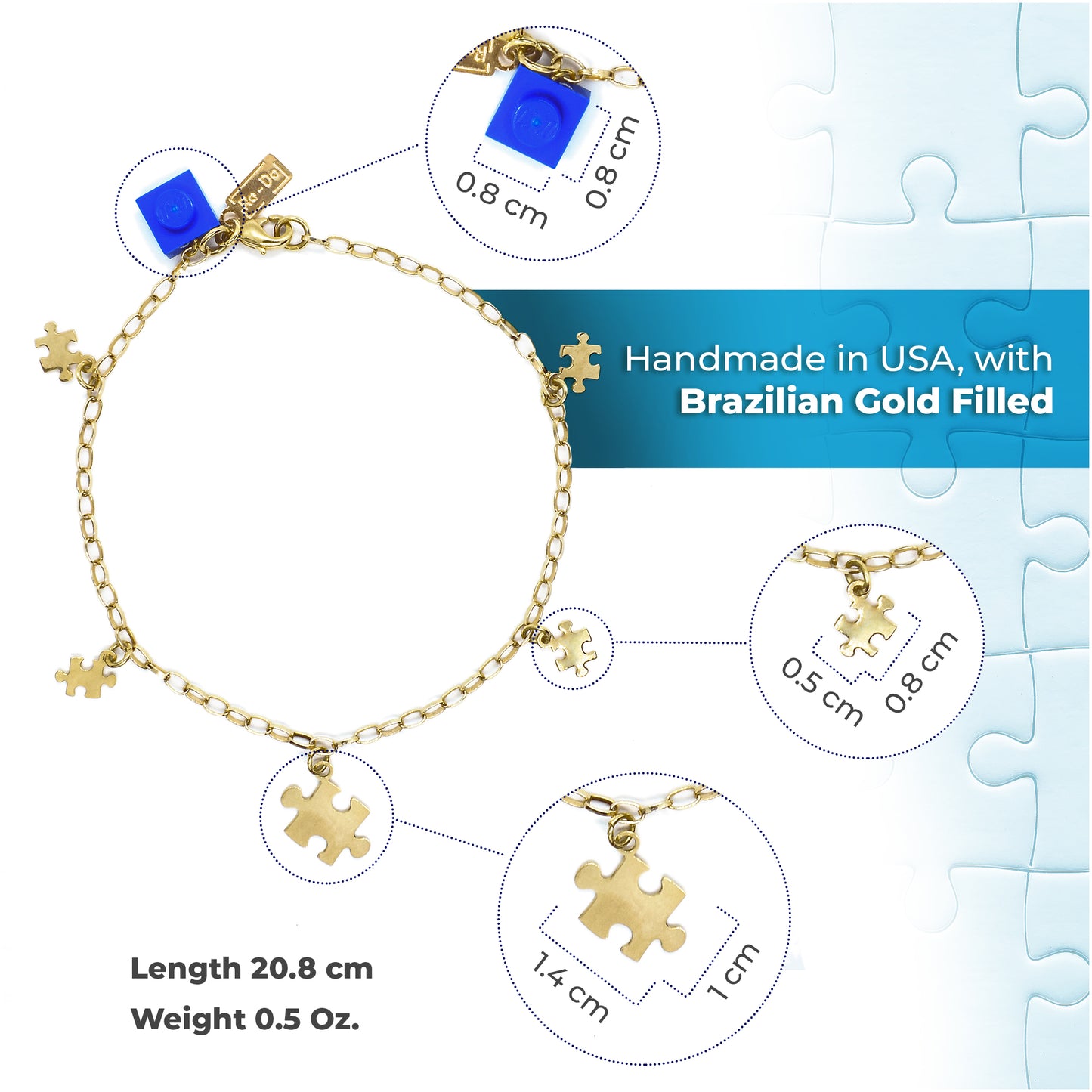 Autism Awareness Gold Plated Bracelet with Puzzles