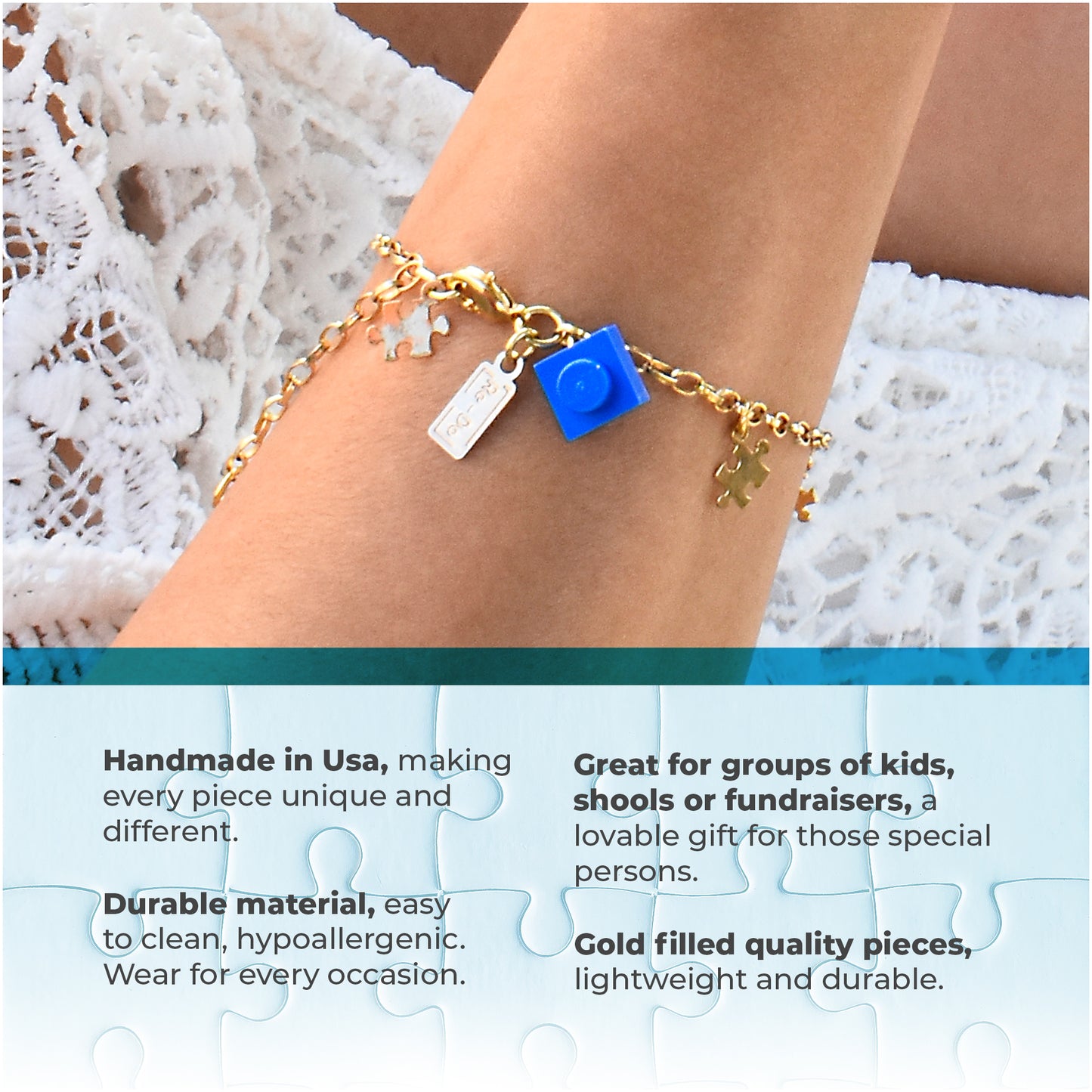 Autism Awareness Gold Plated Bracelet with Puzzles