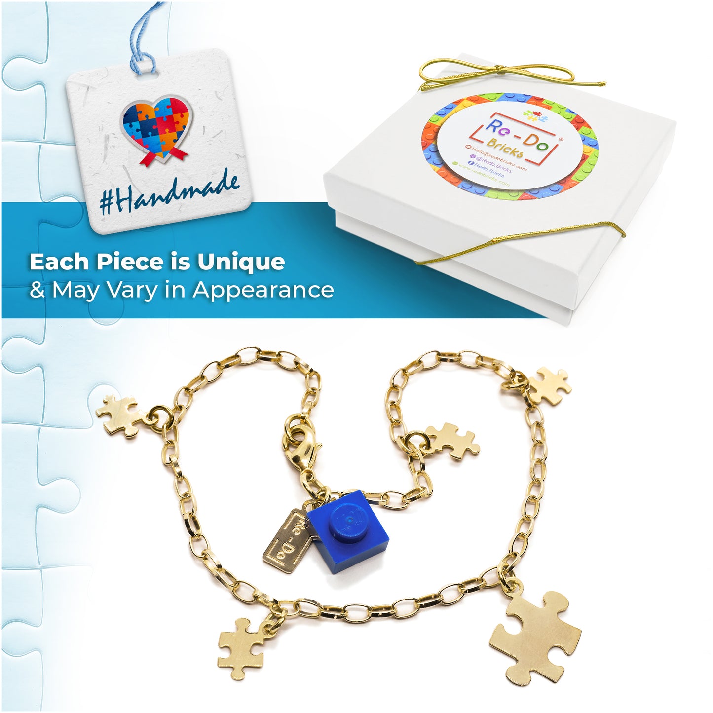 Autism Awareness Gold Plated Bracelet with Puzzles