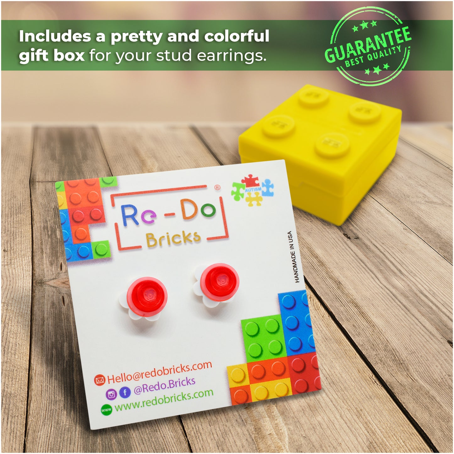 Little Red Flower Brick Stud Earrings White Clear Red