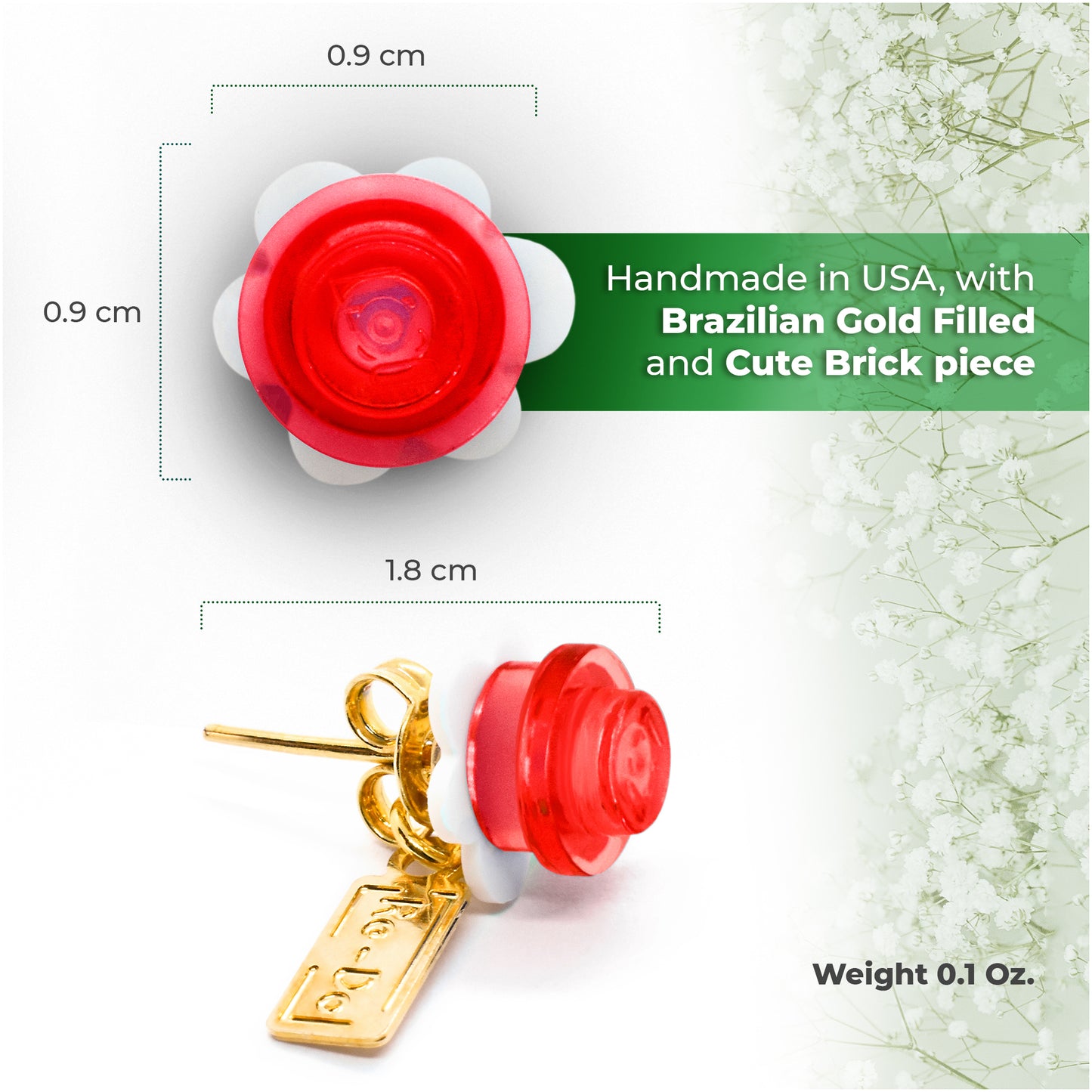 Little Red Flower Brick Stud Earrings White Clear Red