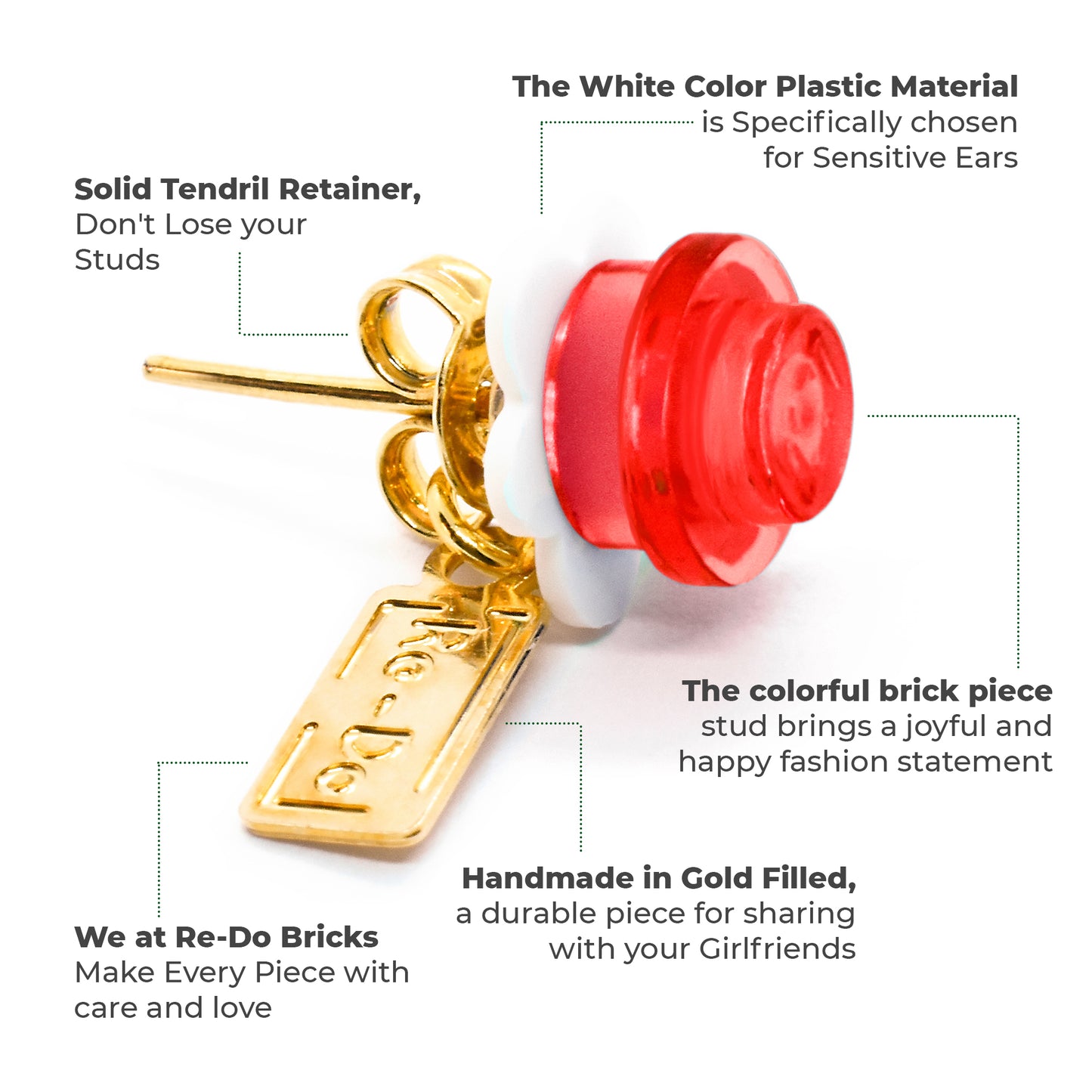 Little Red Flower Brick Stud Earrings White Clear Red