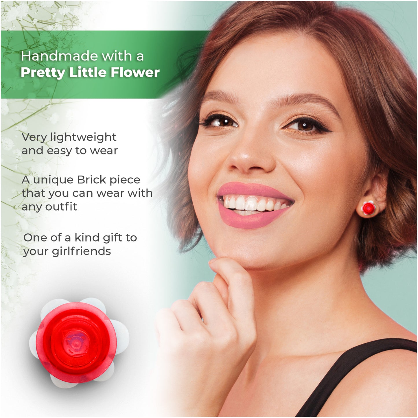 Little Red Flower Brick Stud Earrings White Clear Red