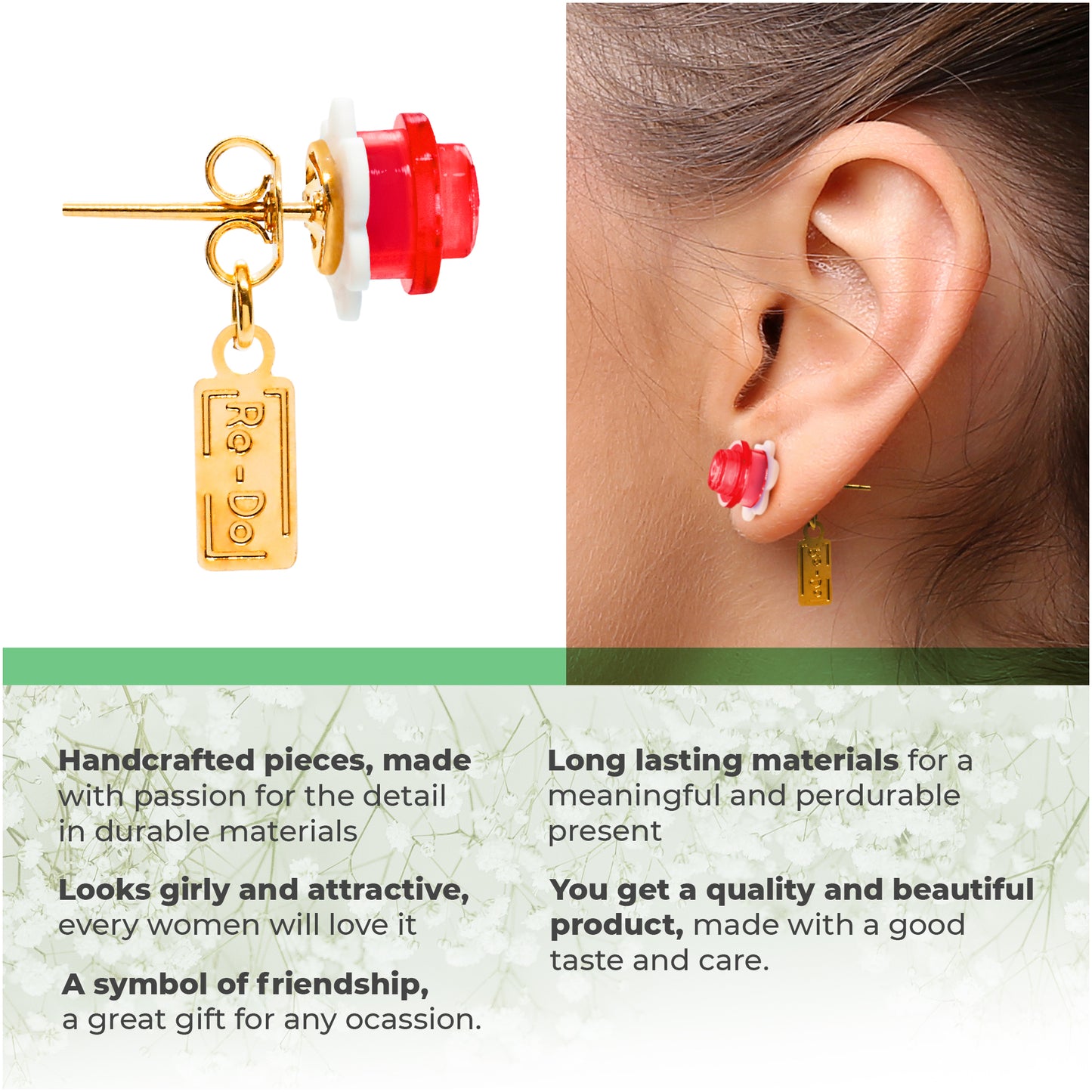 Little Red Flower Brick Stud Earrings White Clear Red