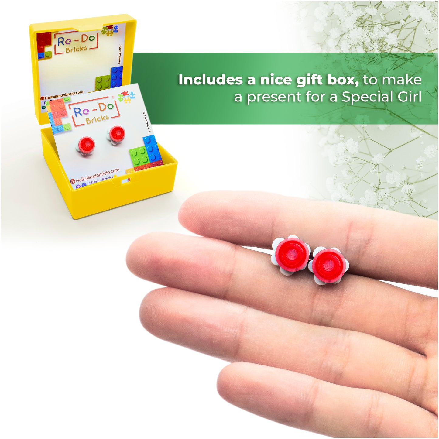 Little Red Flower Brick Stud Earrings White Clear Red