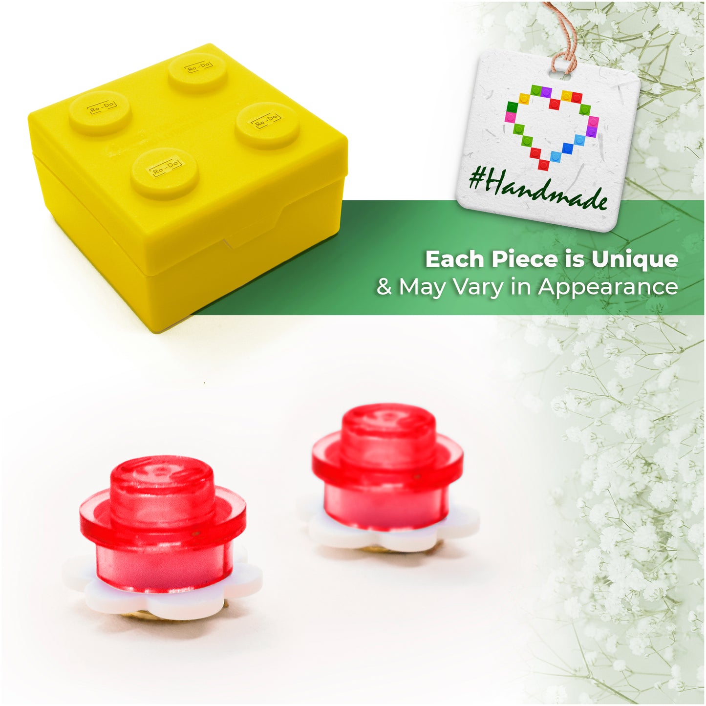 Little Red Flower Brick Stud Earrings White Clear Red