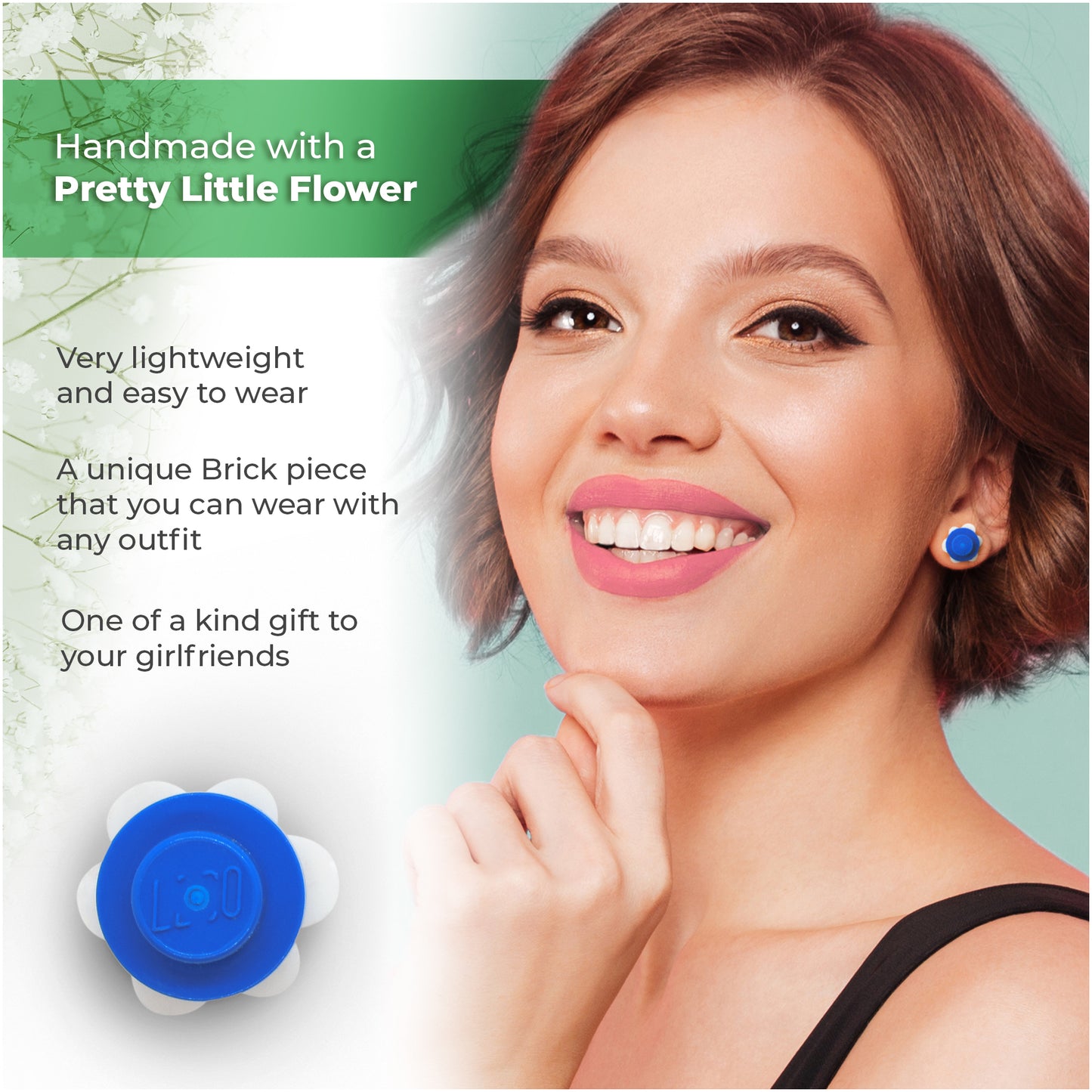 Little Flower Brick Earring Studs White Blue