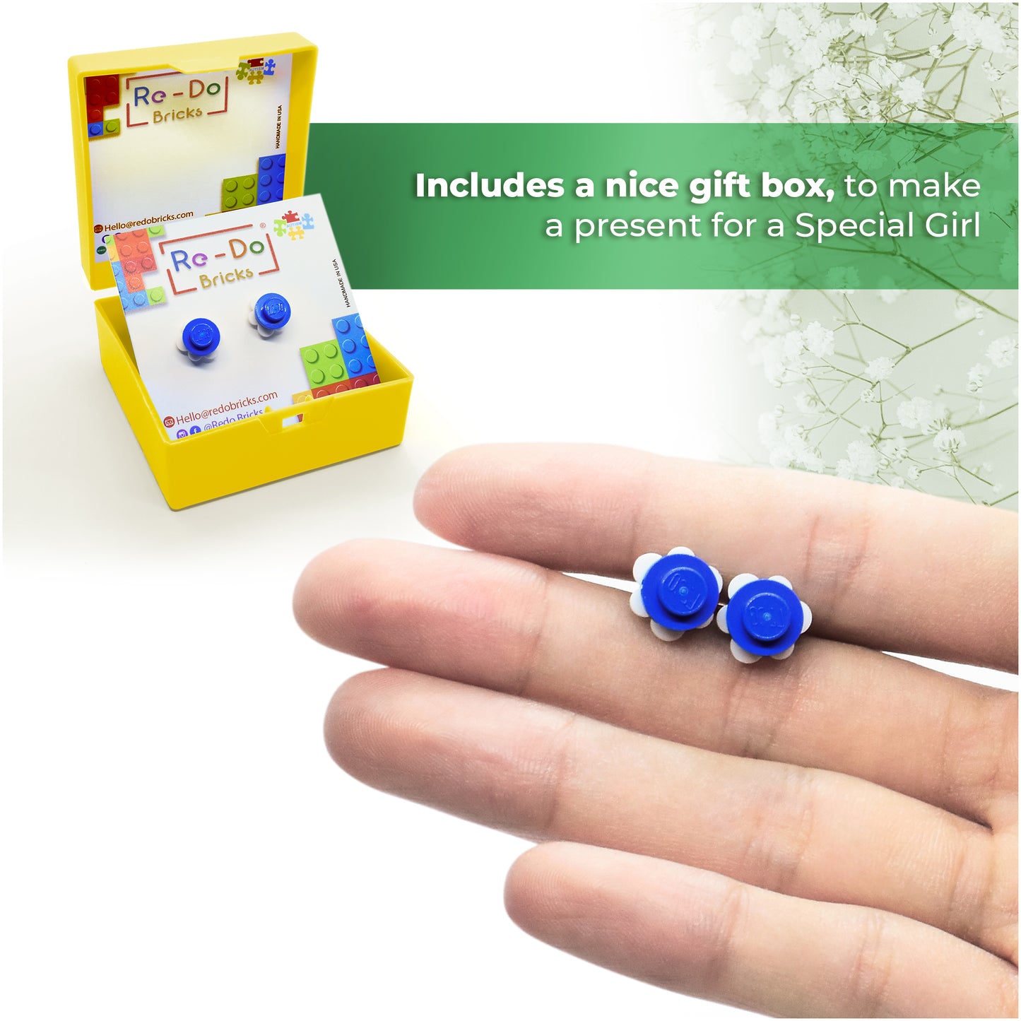 Little Flower Brick Earring Studs White Blue