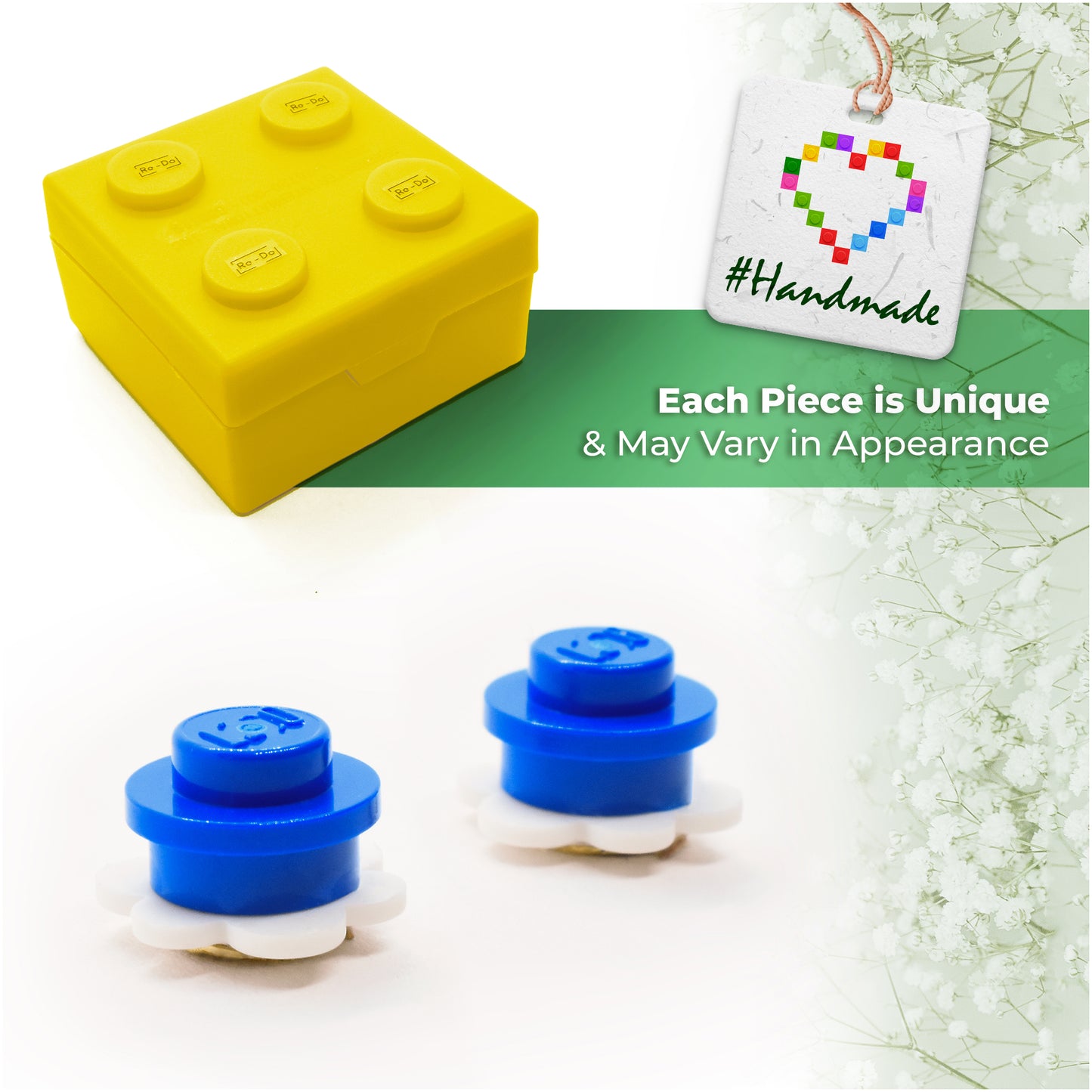 Little Flower Brick Earring Studs White Blue