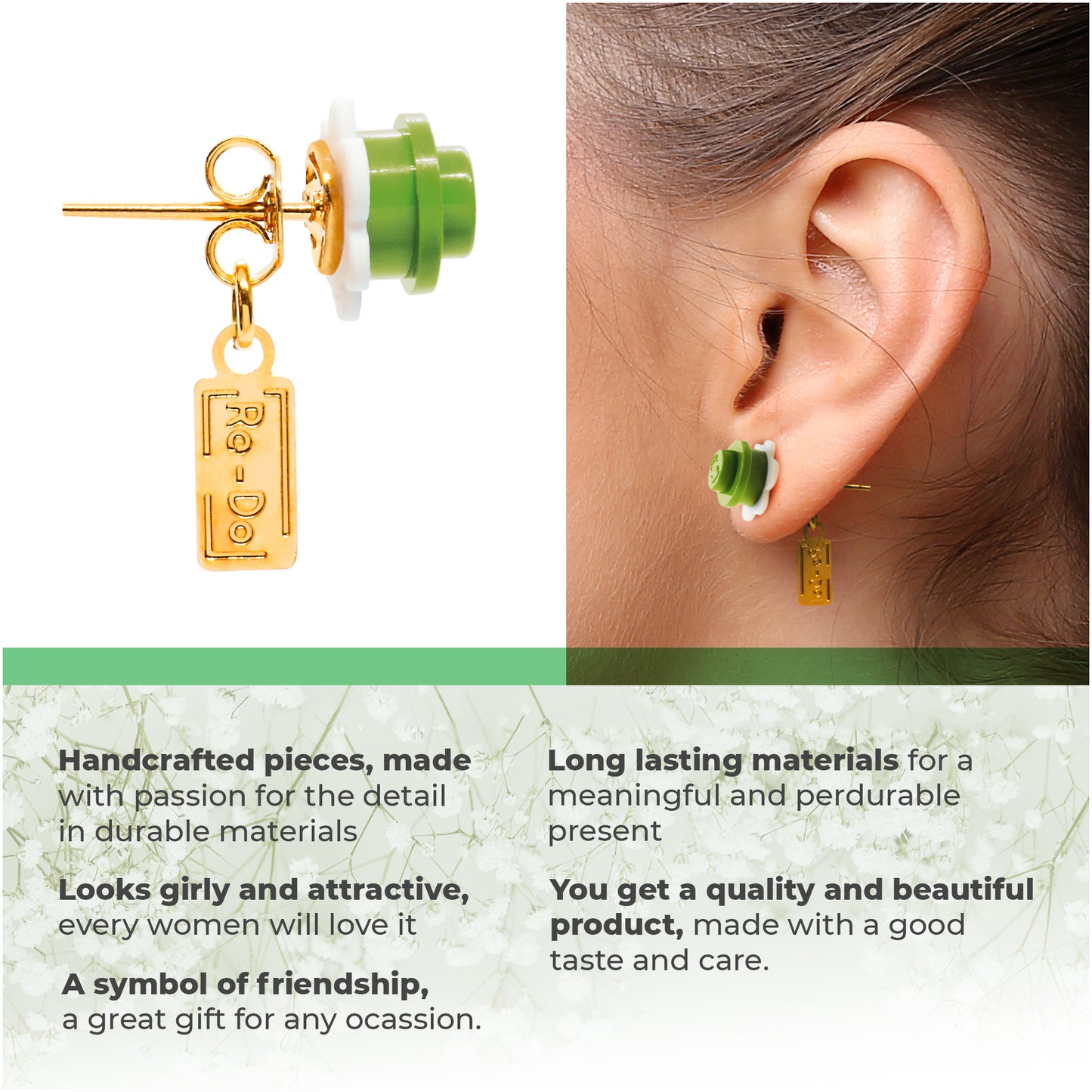 Little Flower Brick Stud Earrings White Green