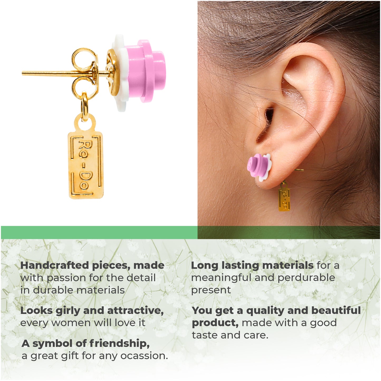 Little Flower Brick Stud Earrings White Pink