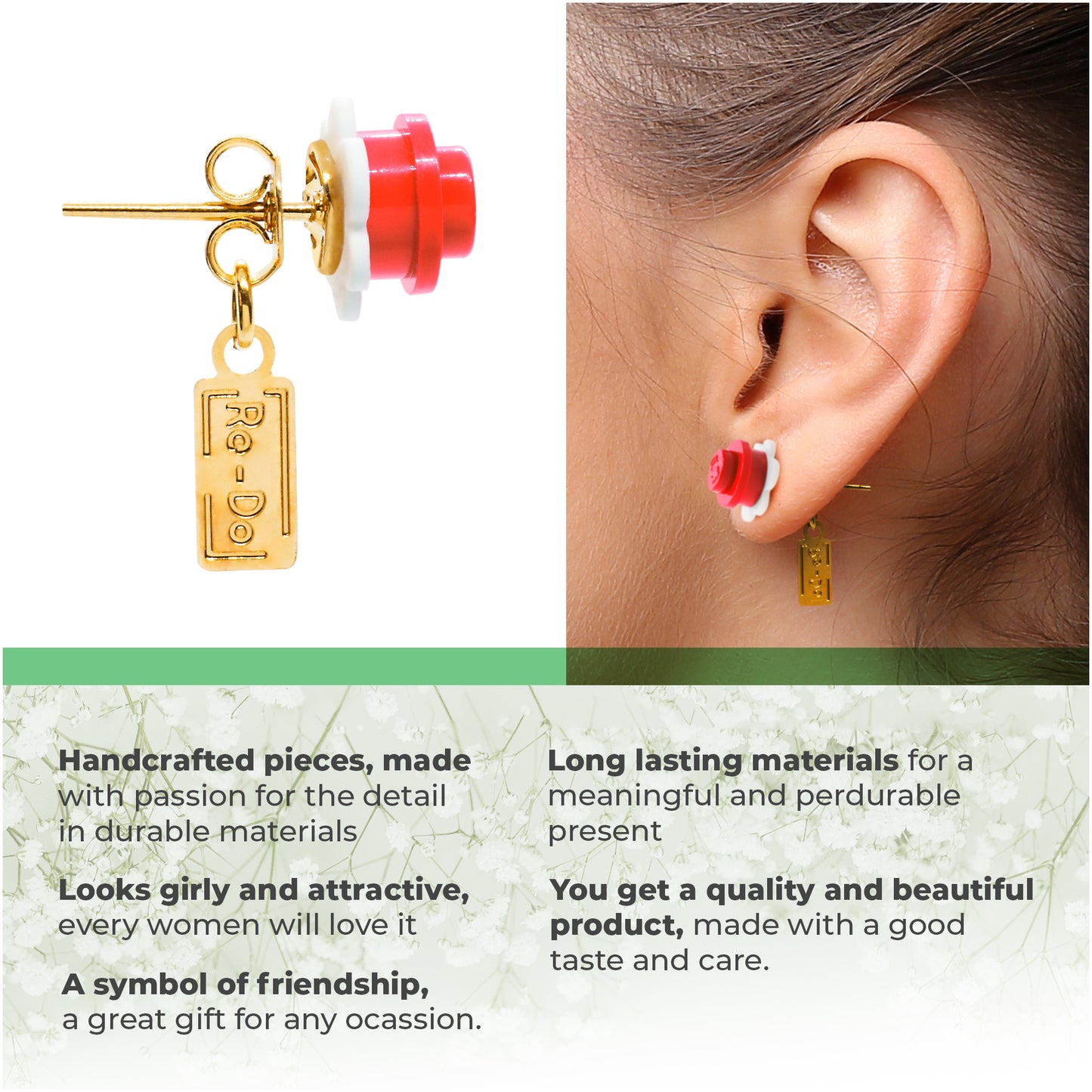 Little Flower Bricks Stud Earrings White Red