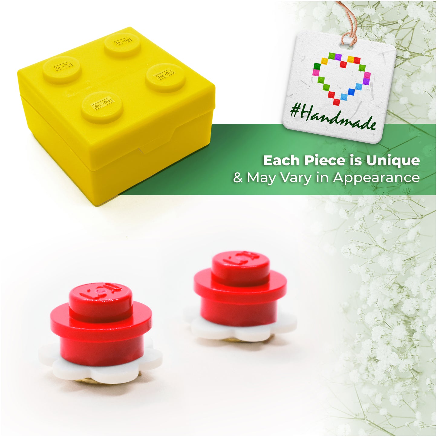 Little Flower Bricks Stud Earrings White Red