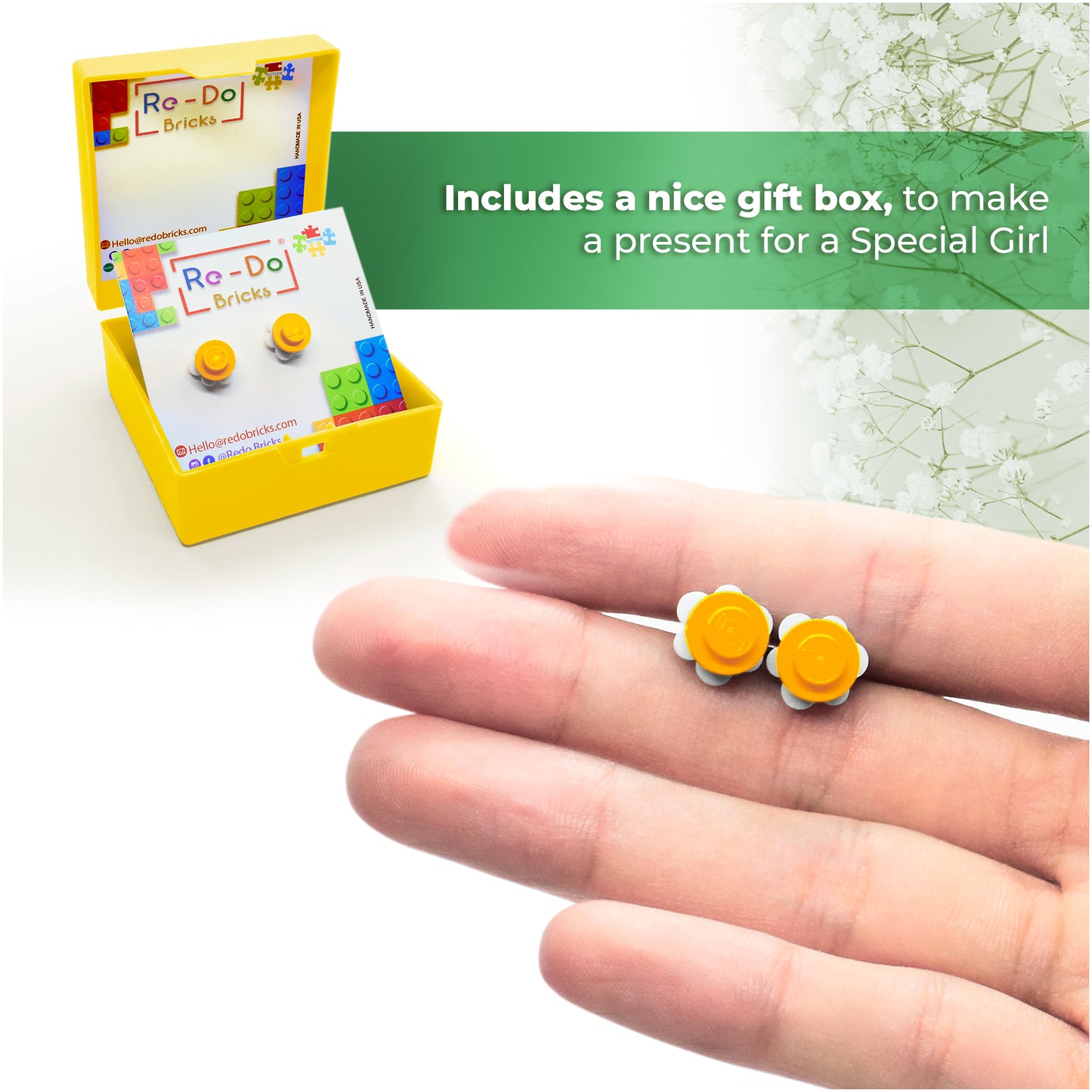 Little Flower Brick Stud Earrings White Yellow