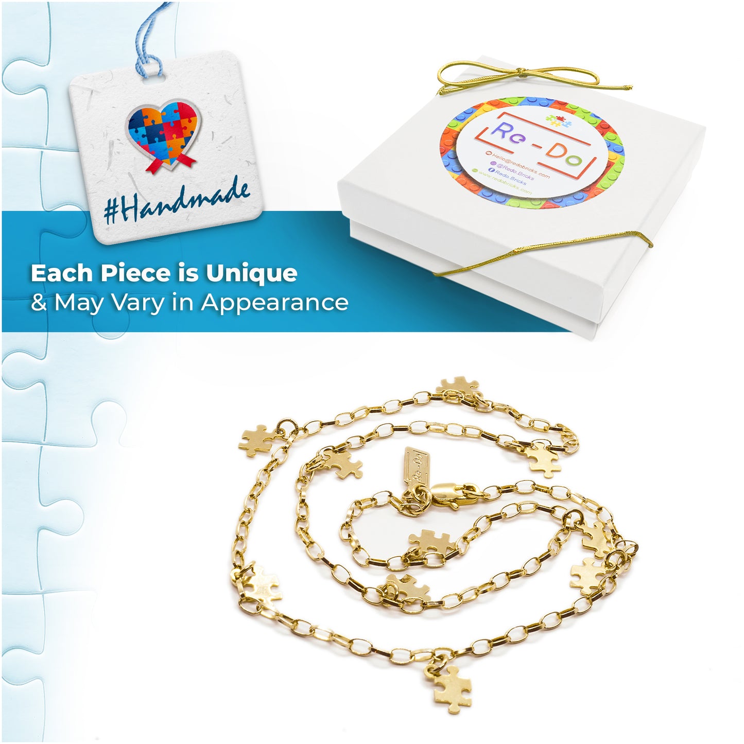 Autism Awareness Gold-Plated Chain with Charm Puzzles