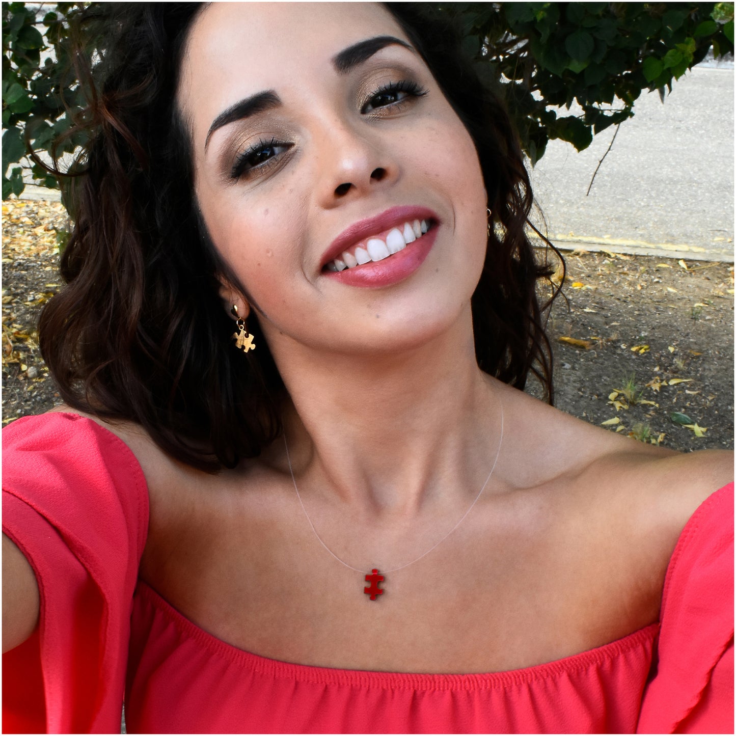 Autism Charm Fun Puzzle in Red Acrylic Choker Necklace