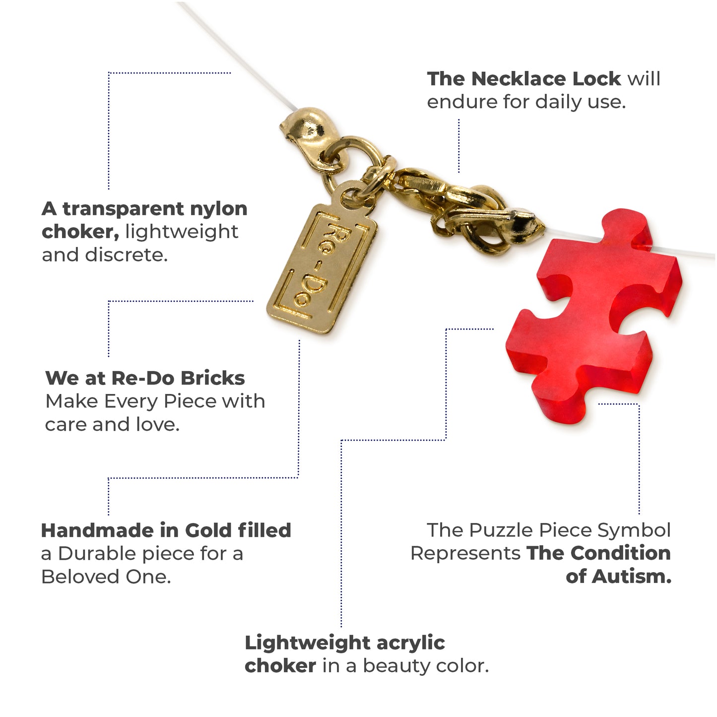 Autism Charm Fun Puzzle in Red Acrylic Choker Necklace