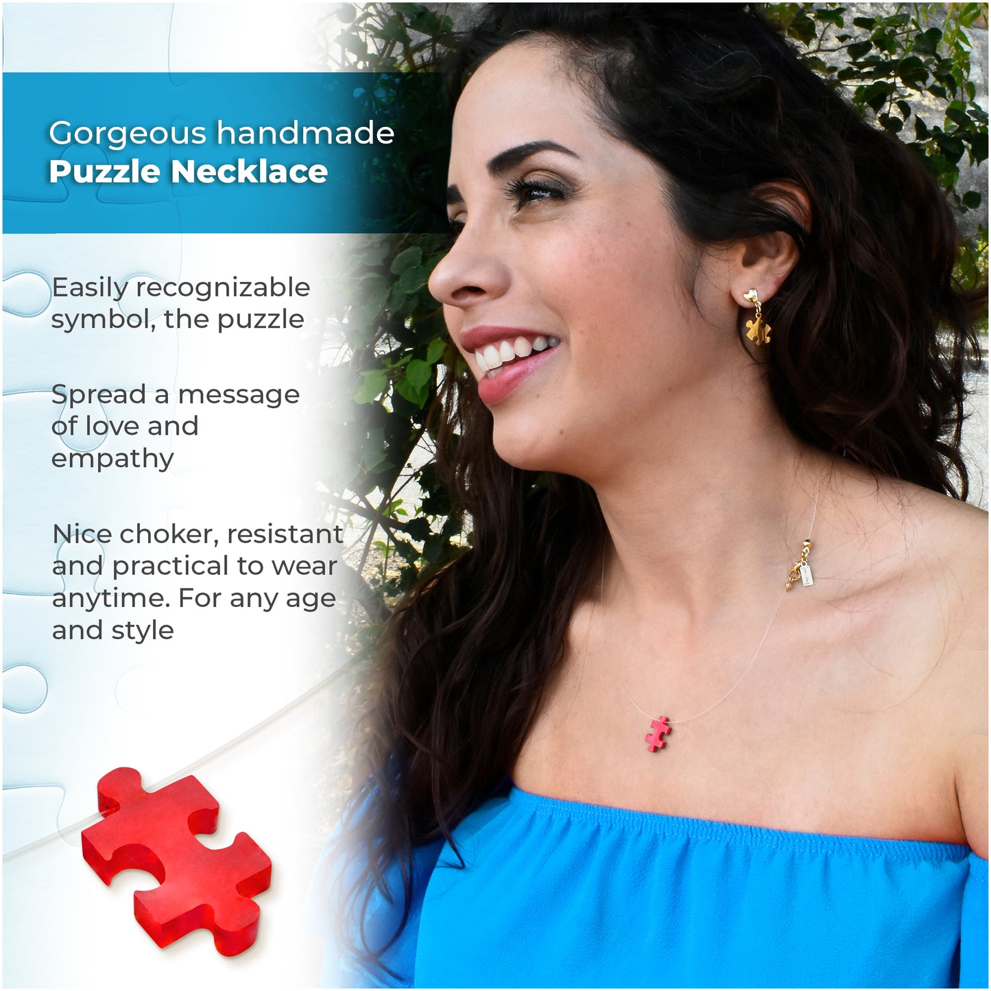 Autism Charm Fun Puzzle in Red Acrylic Choker Necklace