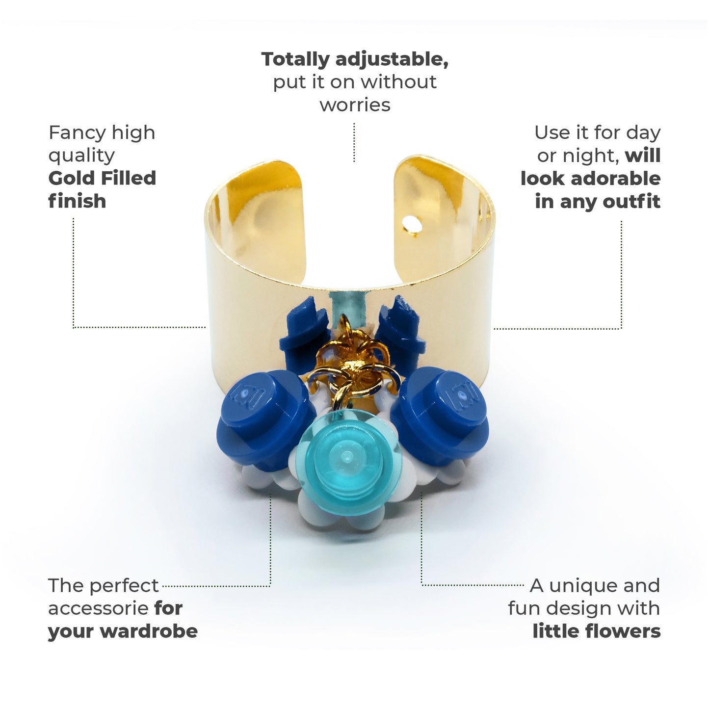 Trio Little Flowers Ring Original Handmade by Re-Do Bricks (Blue)