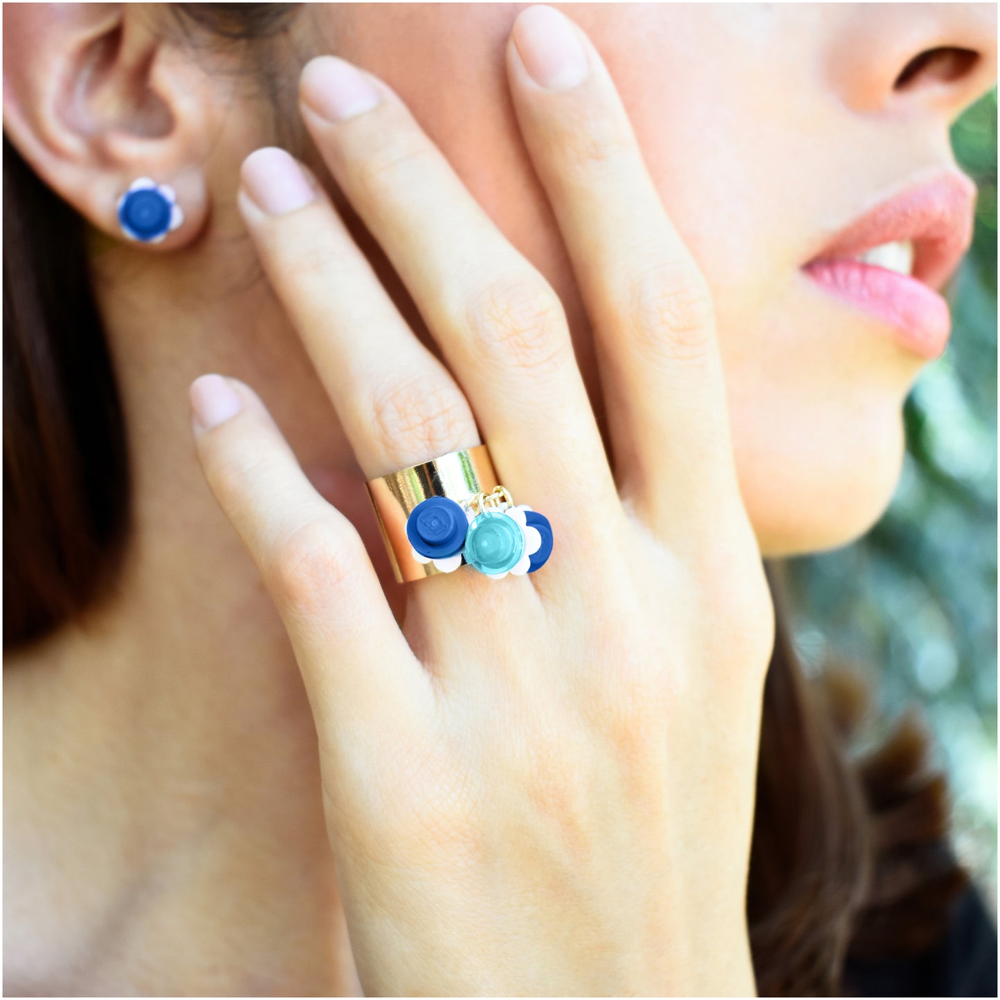 Trio Little Flowers Ring Original Handmade by Re-Do Bricks (Blue)