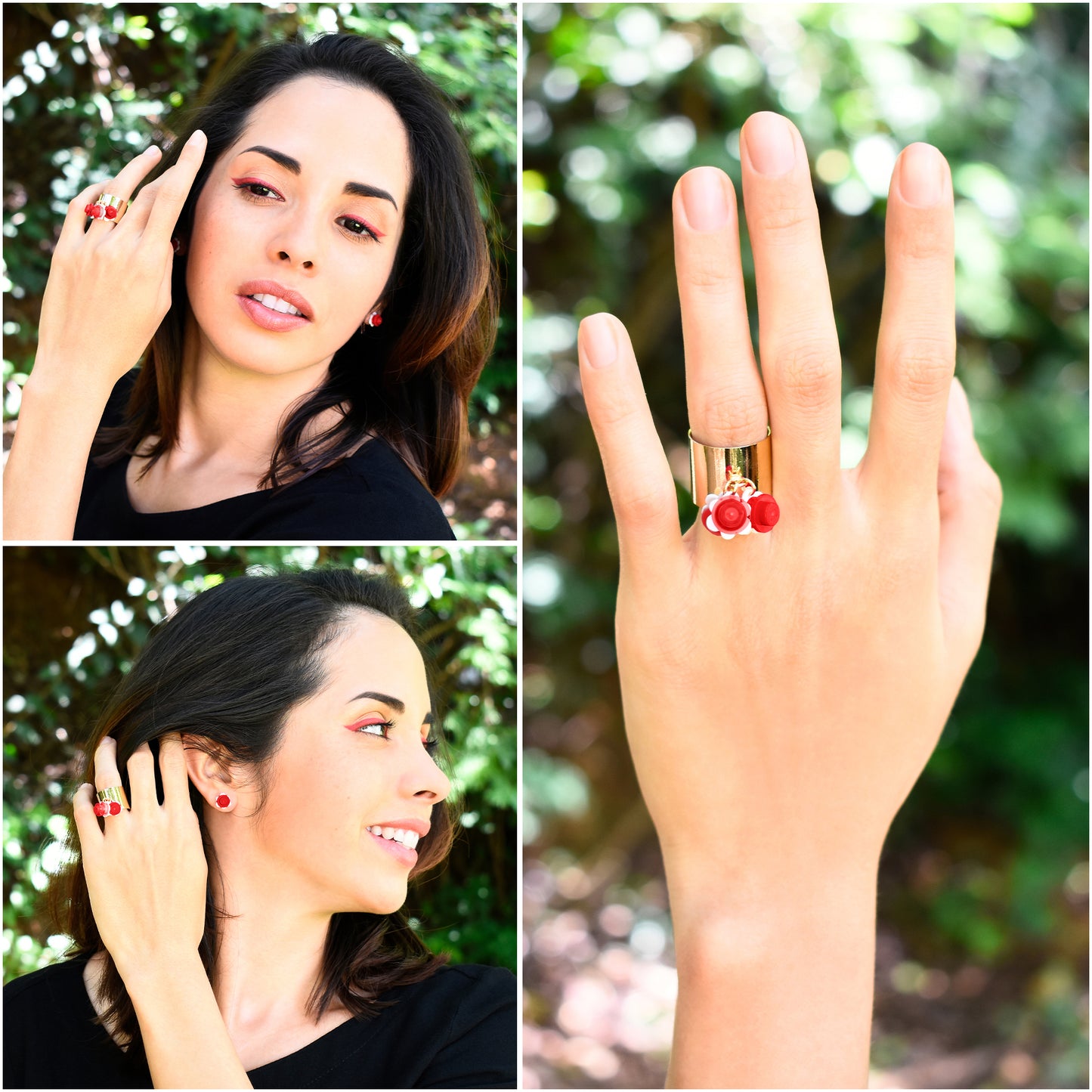 Trio Little Flowers Ring Handmade by Re-Do Bricks (Red)