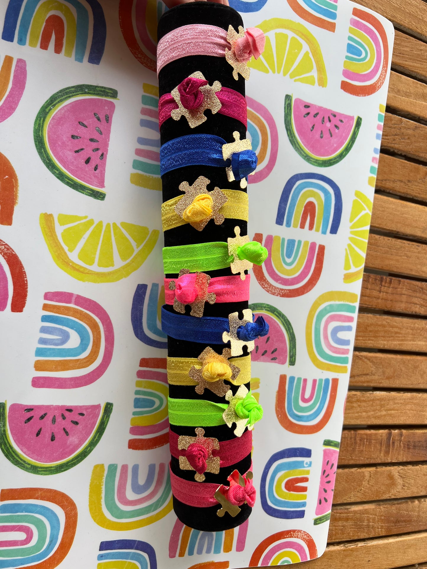 Gold Puzzle Charm with Colorful Elastic Bracelet