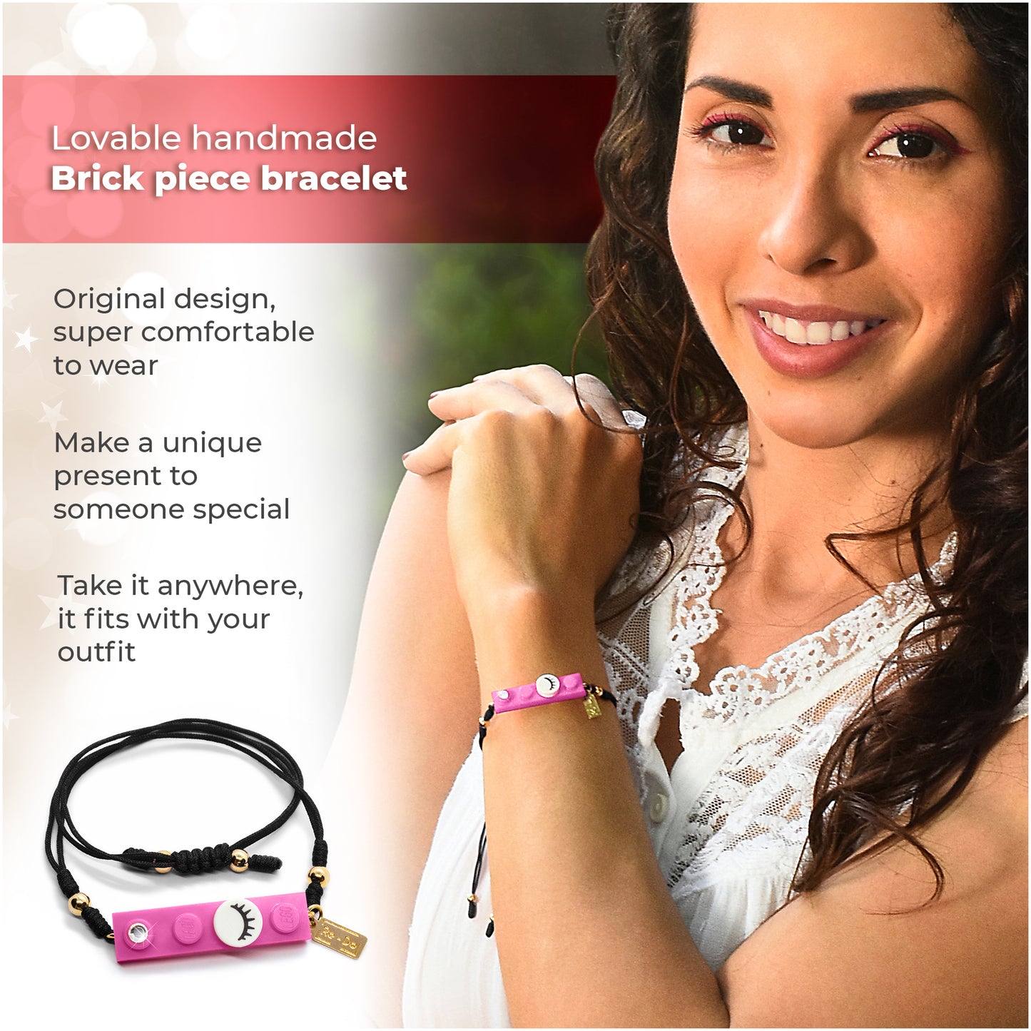 Black String Eyelashes Dot Pink Brick Bracelet