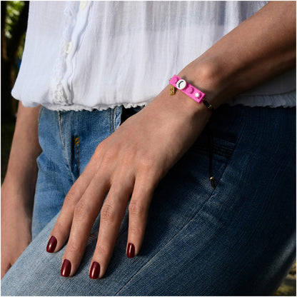 Black String Eyelashes Dot Pink Brick Bracelet