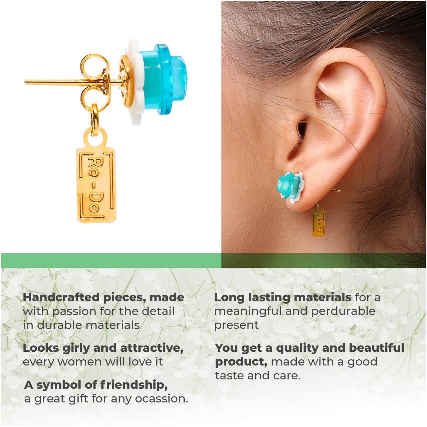 Little Red Flower Brick Stud Earrings White Clear