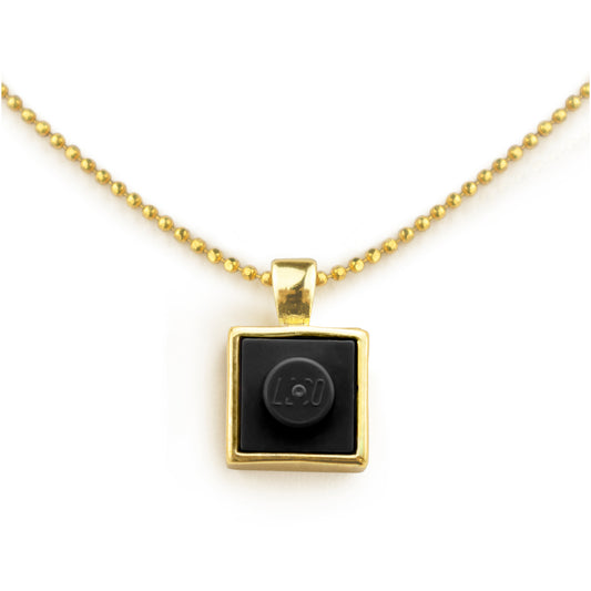 Square Black Brick Charm with Gold Plated Chain Black