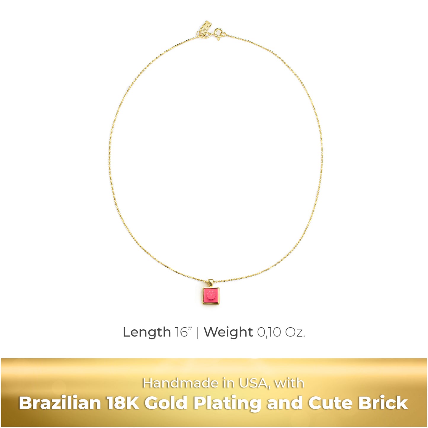 Square Coral Brick Charm with Gold Plated Chain