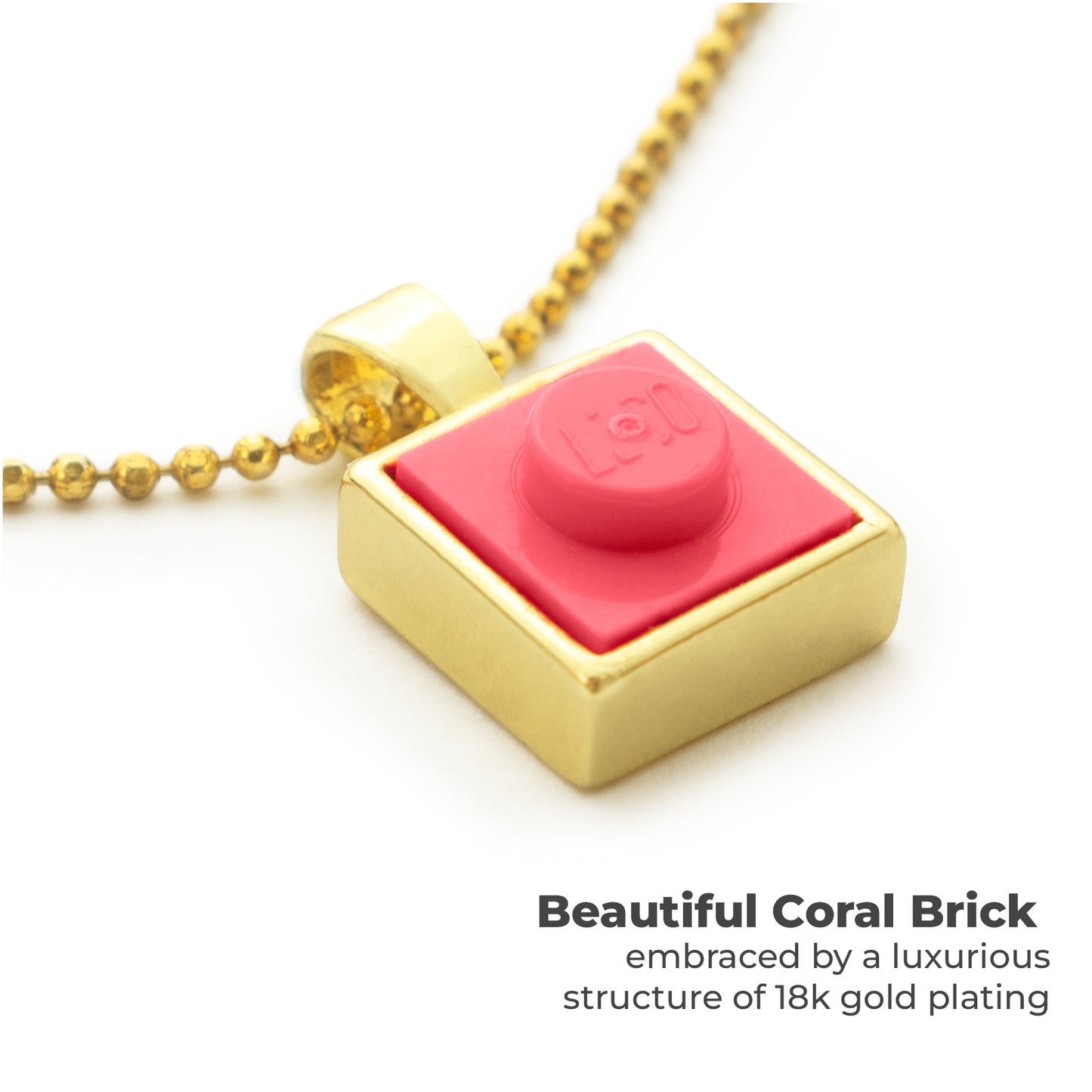 Square Coral Brick Charm with Gold Plated Chain