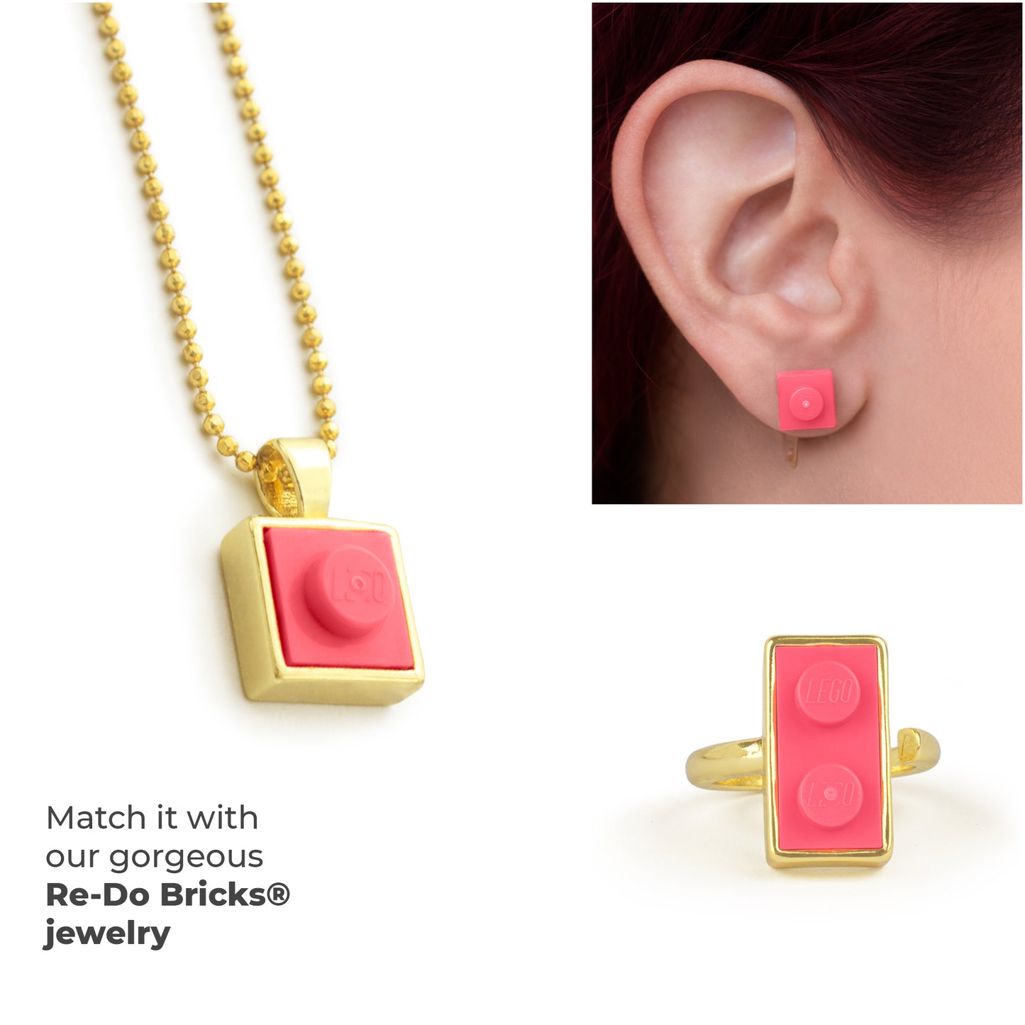 Square Coral Brick Charm with Gold Plated Chain