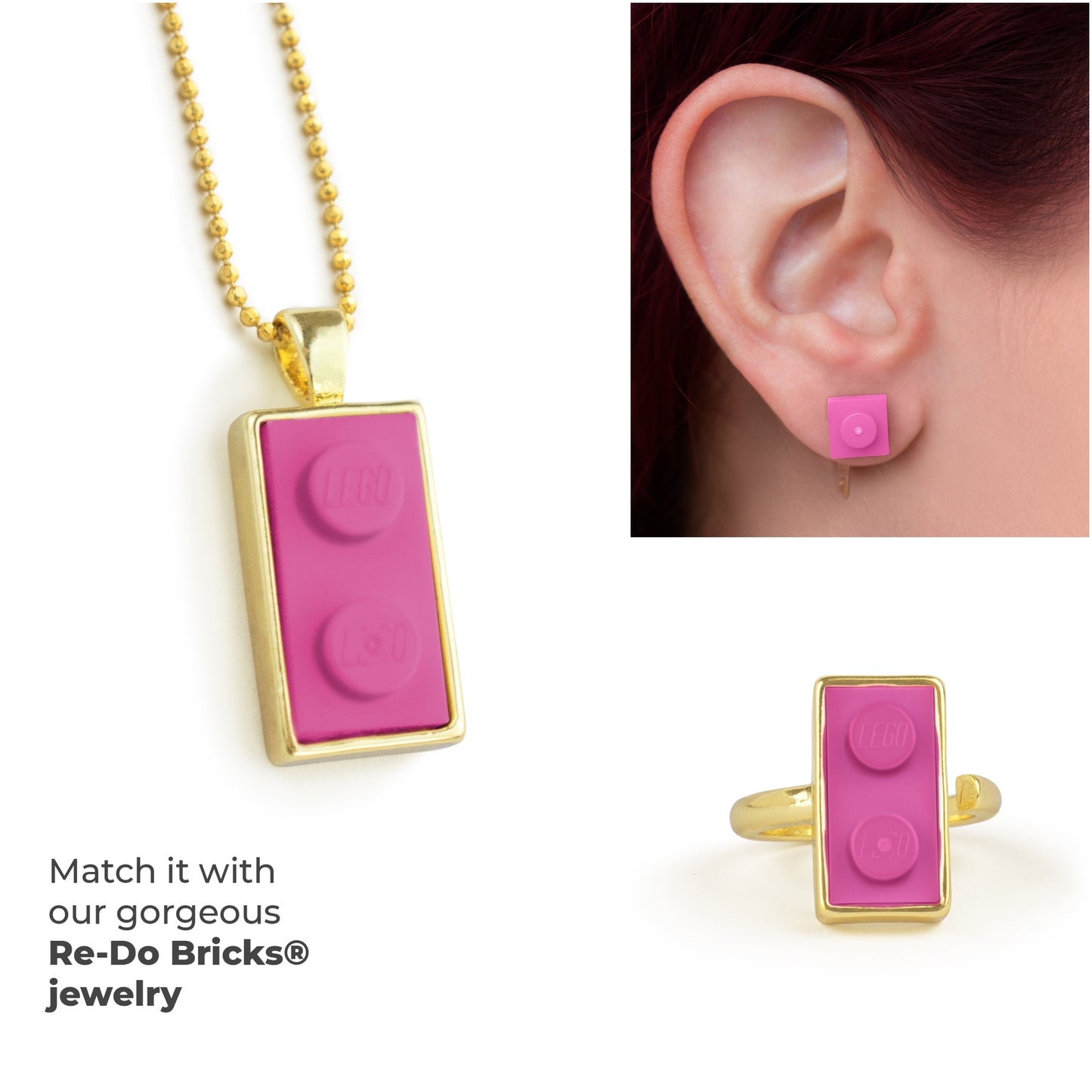 Twin Pink Brick Charm with Gold Plated Chain