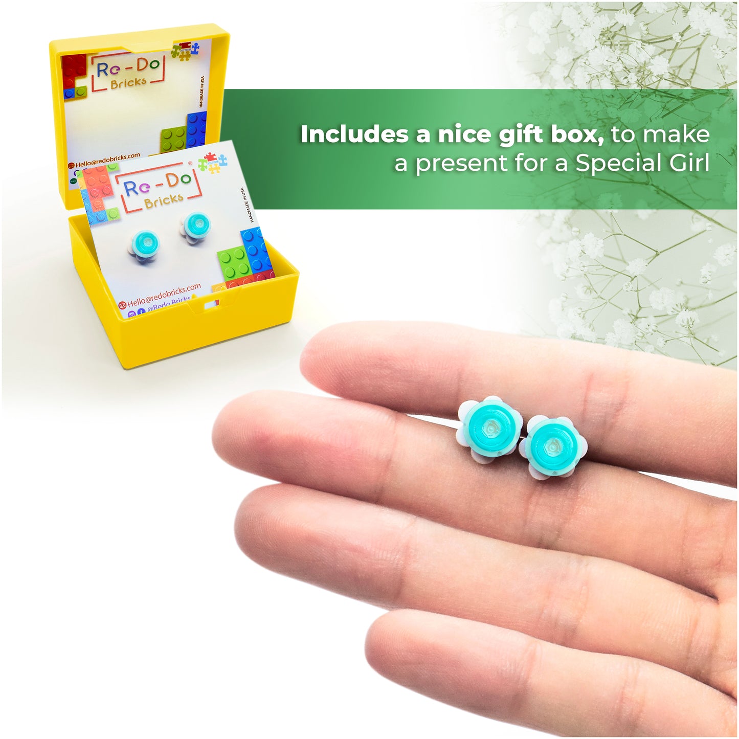 Little Flower Brick Stud Earrings White base Clear Blue Brick