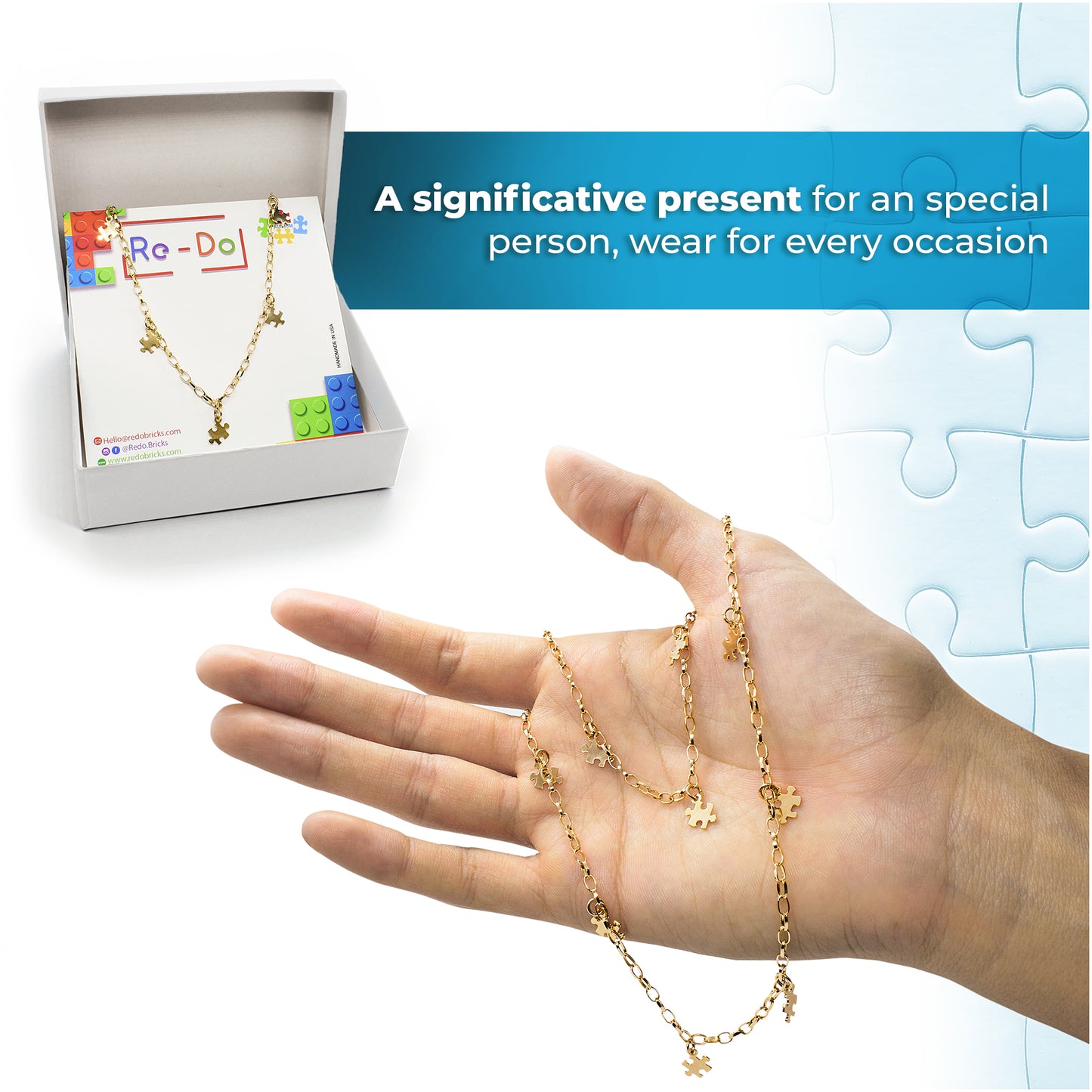 Autism Awareness Gold-Plated Chain with Charm Puzzles